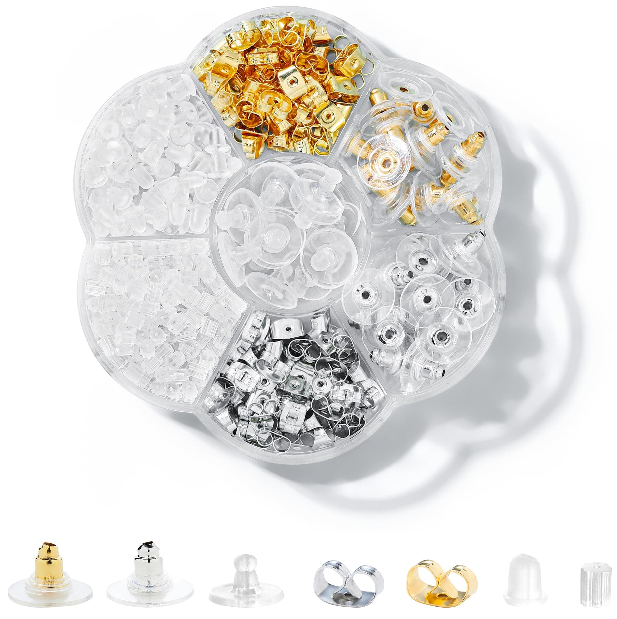 7 Styles 500PCS Earring Backs for Studs, Clear Plastic Hypoallergenic Metal Rubber Silicone Earring Backs Bullet Clutch Stoppers Replacement Kits for Fish Hook Earring Studs Hoops