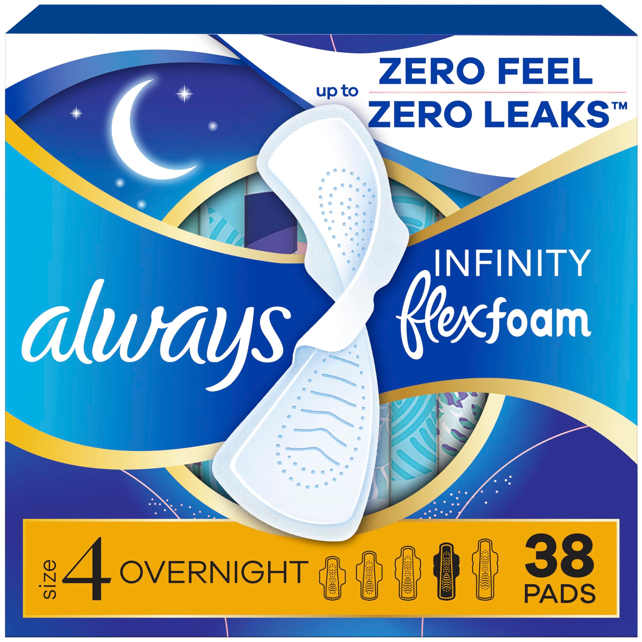 Always Infinity Feminine Pads for Women, Flexfoam Pads with Wings, Size 4, Overnight Absorbency, Unscented, 38 Count