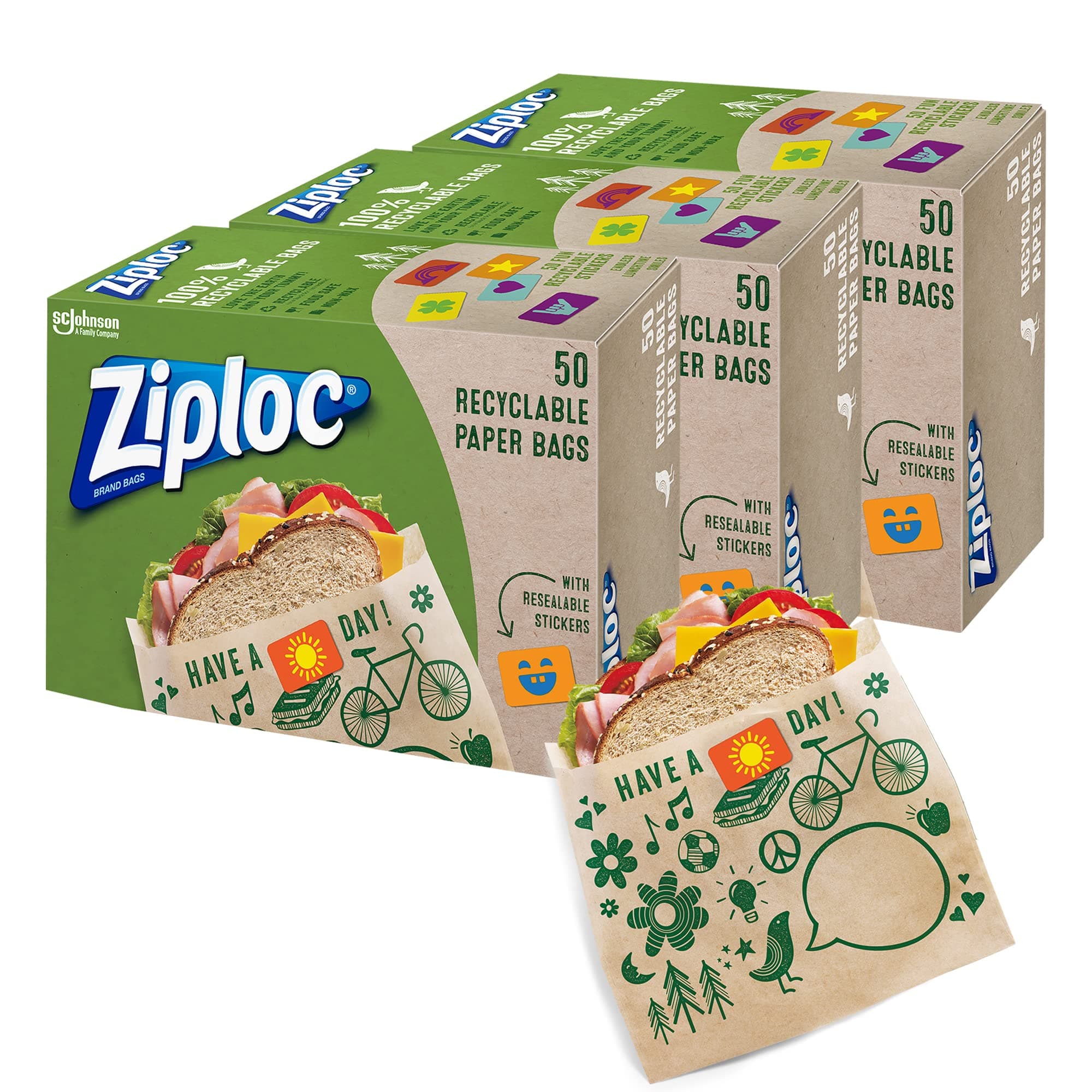 Ziploc Paper Sandwich & Snack Bags, Recyclable & Sealable with Fun Designs, 50 Count, Pack of 3 (150 Total Bags)