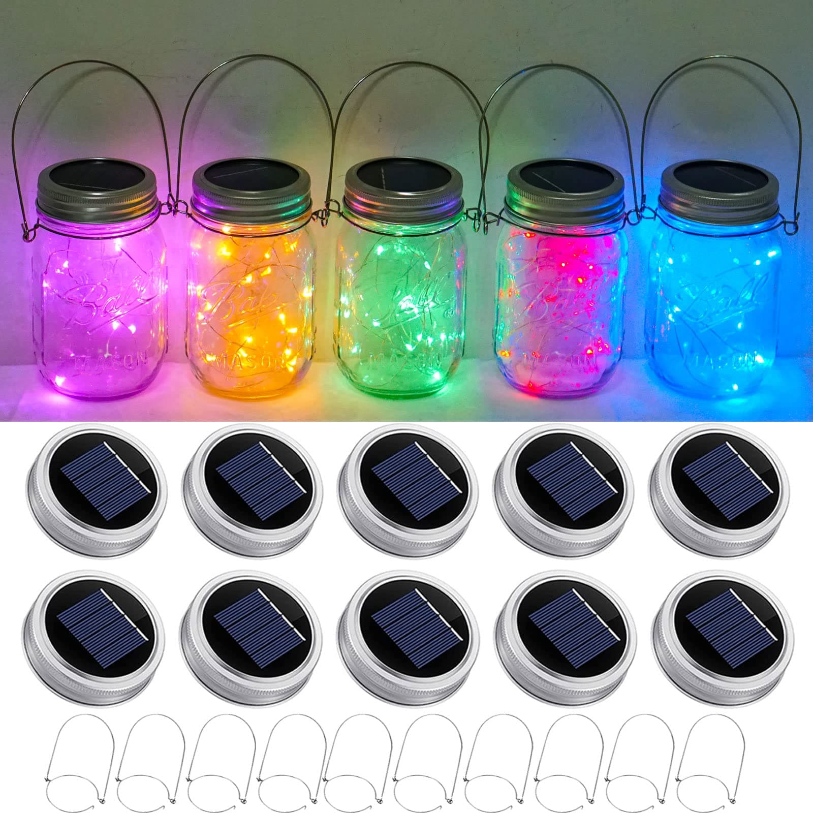 SmilingTown Solar Mason Jar Lights 10 Pack 20 LED Waterproof Outdoor Fairy String Light Insert Lids with Hangers for Patio Lawn Garden Wedding Decor No Jars (Red, Blue, Green, Purple,Yellow)