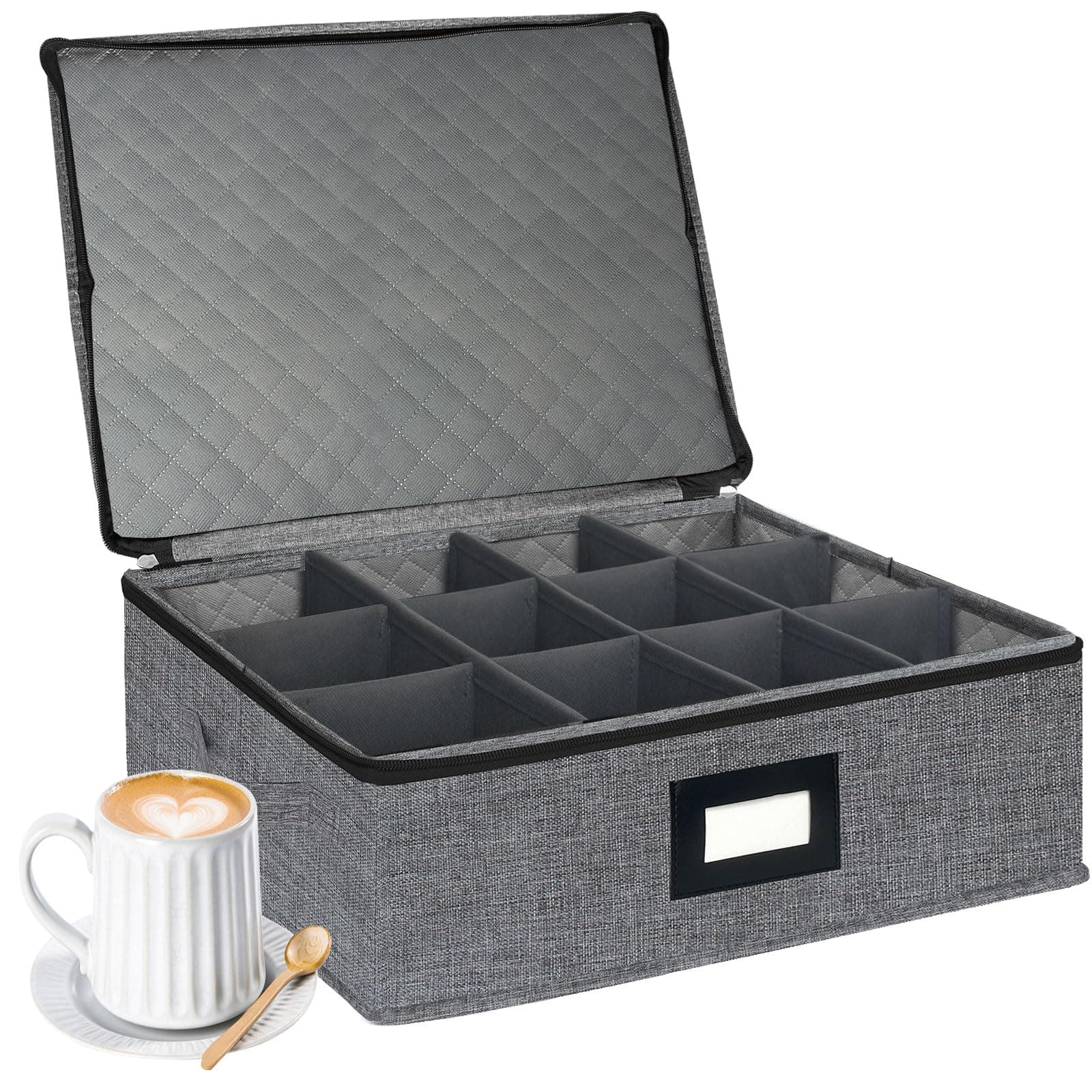 VERONLY Cup and Mug Storage Box with Dividers, China Storage Containers Holds 12 Coffee Mugs and Tea Cups with Lid and Handles, Hard Top, Sides and Stackable for Moving & Packing (Dark Grey)