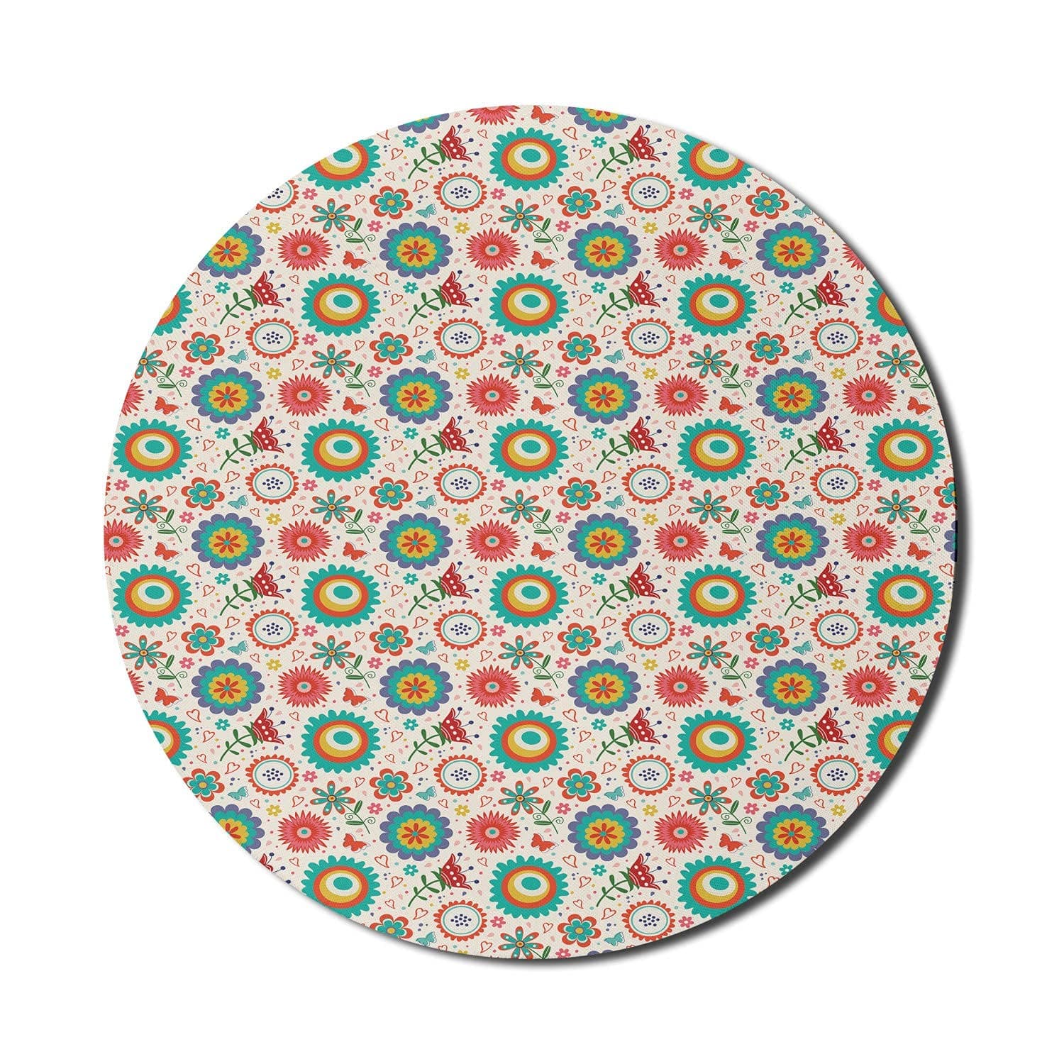 Flowers Mouse Pad for Computers, Colorful Joyous Pattern of Hearts and Polka Dots in Energetic Shades, Round Non-Slip Thick Rubber Modern Gaming Mousepad, 8" Round, Multicolor