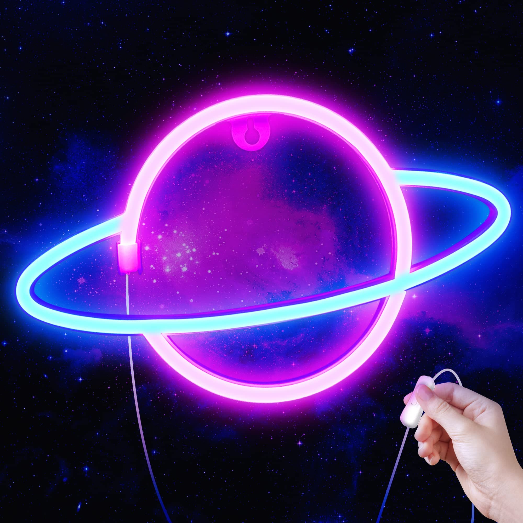 Lumoonosity Planet Neon Sign - USB Powered Saturn LED Light with On/Off Switch, Planet Led Sign for Wall Decor - Aesthetic Hanging Saturn Neon Light for Bedroom, Gaming Room