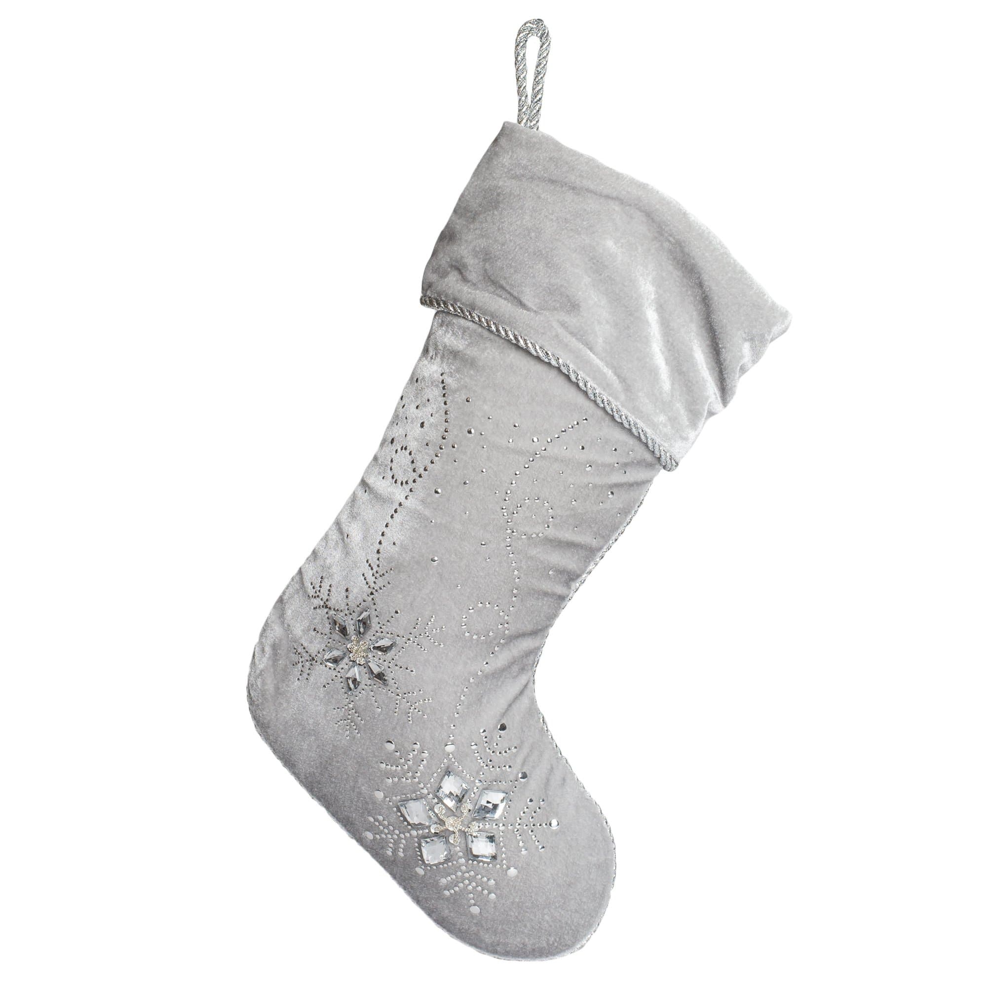 19 inch Silver Snowflake Swirl Embroidered Plush Velvet Christmas Stocking