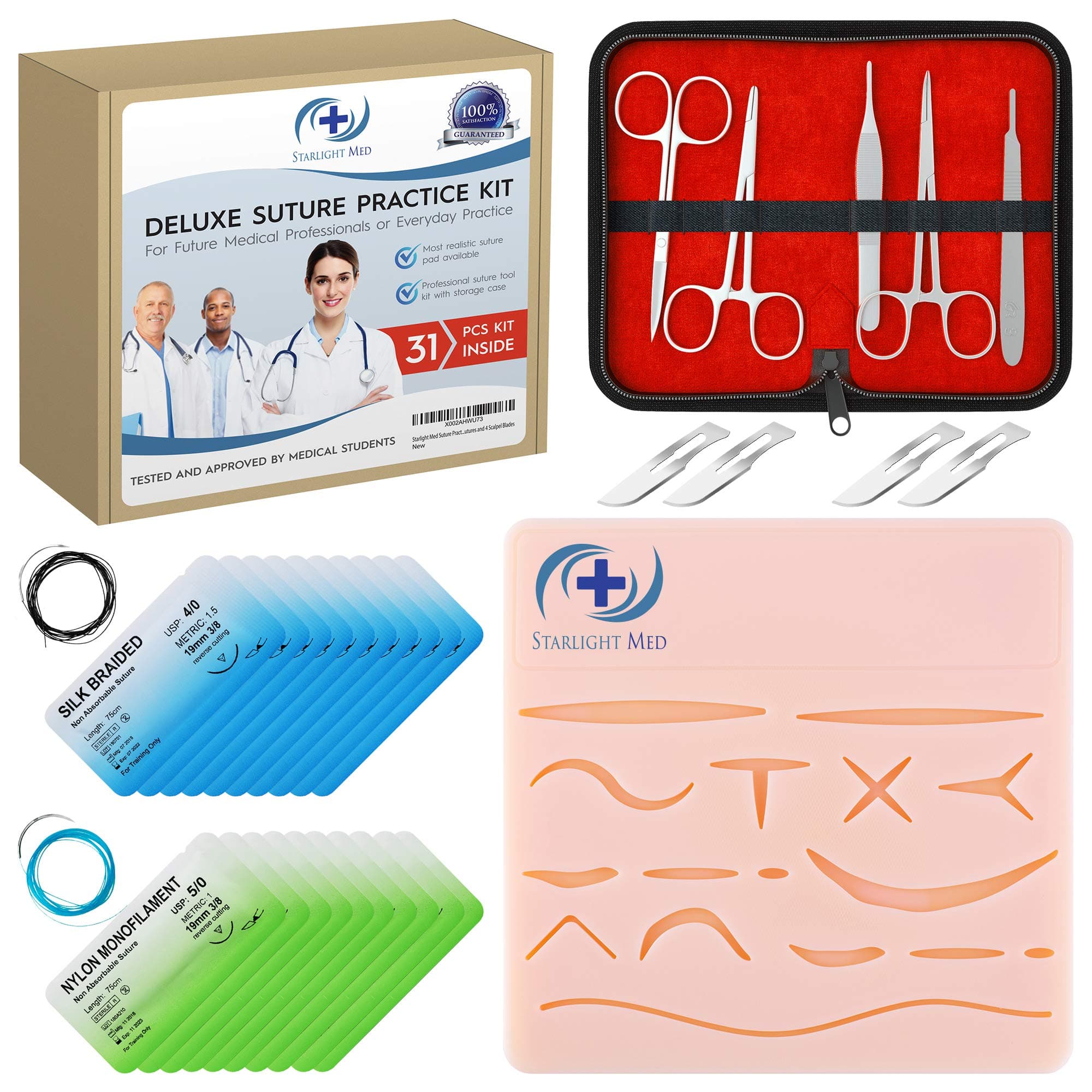 Suture Practice Kit - Complete 31 Piece Medical Suture Kit - Large Silicone Training Pad with 16 Pre-Cut Wounds, 5 Piece Professional Tool Kit, 20 Premium Sutures and 4 Scalpel Blades