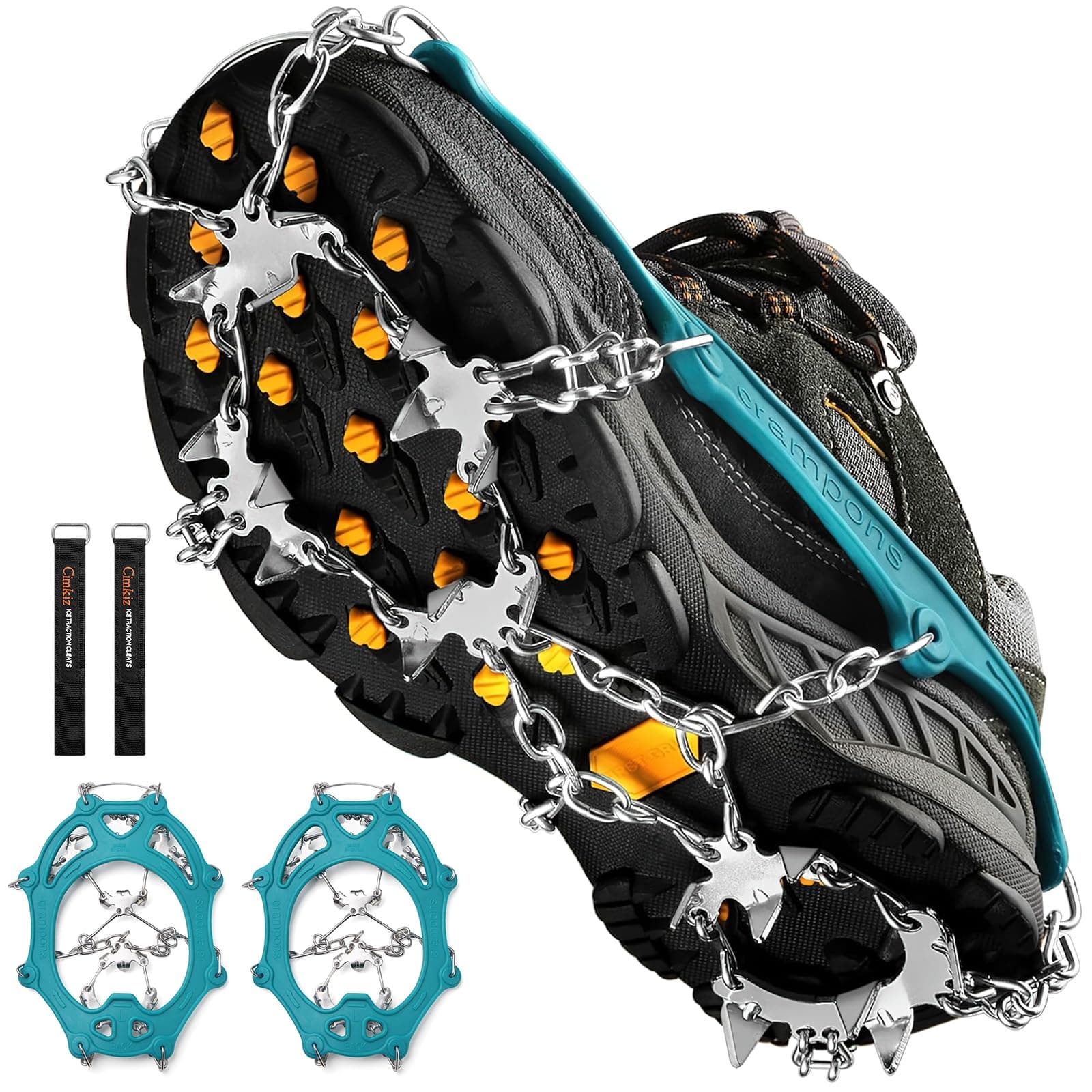 Crampons Ice Cleats Traction Snow Grips for Boots Shoes Women Men Anti Slip 19 Stainless Steel Spikes Safe Protect for Hiking Fishing Walking Climbing Mountaineering
