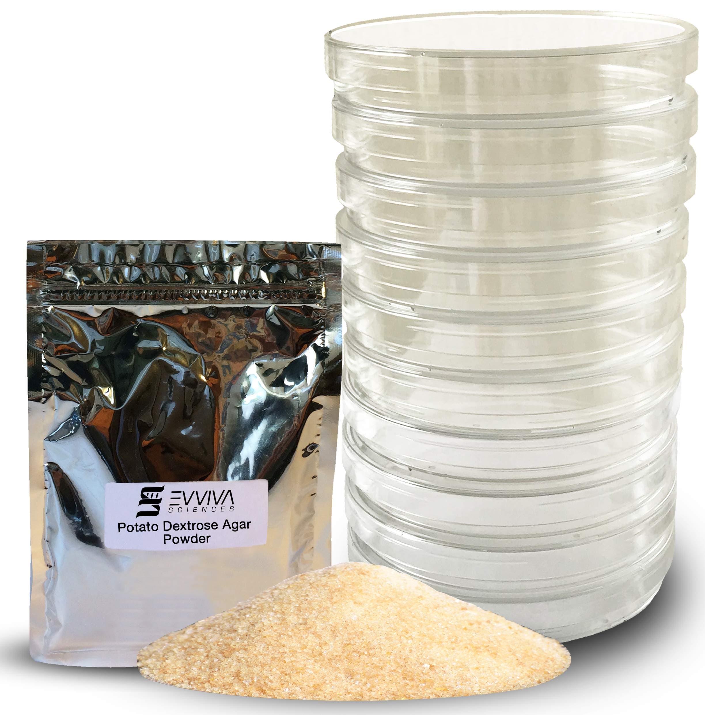 Potato Dextrose Agar and Petri Dish Kit - Evviva Sciences - 12 Grams of PDA Powder and 10 Sterile Petri Dishes - Excellent for Growing Molds, Yeasts, and Other Fungus - Great for Mushrooms