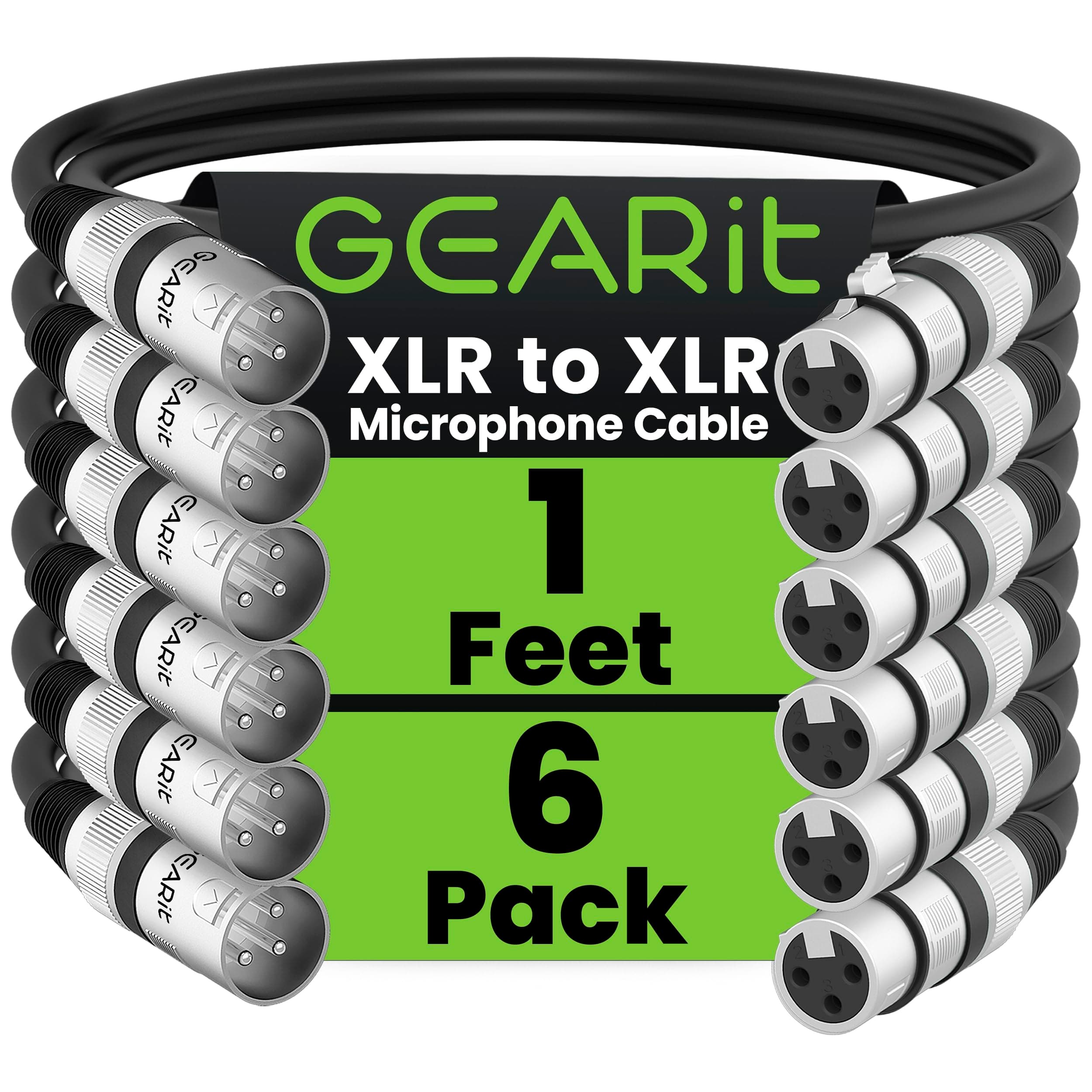 GearIT XLR Microphone Cable (1 Feet, 6 Pack) - Male to Female 3-Pin Balanced Shielded Cable for Mic Mixer, Recording Studio, Podcast - Black