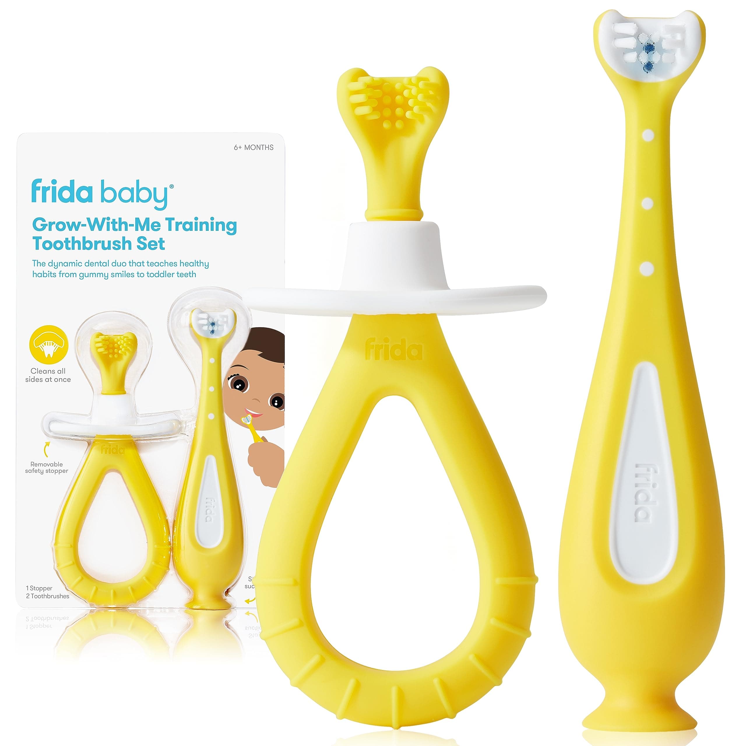 Frida Baby Grow-with-Me Training Toothbrush Set, Infant Baby Tooth brush & Toddler Toothbrush 6-18 Months, Soft Silicone Bristles, BPA-Free Oral Care for Sensitive Gums, Yellow