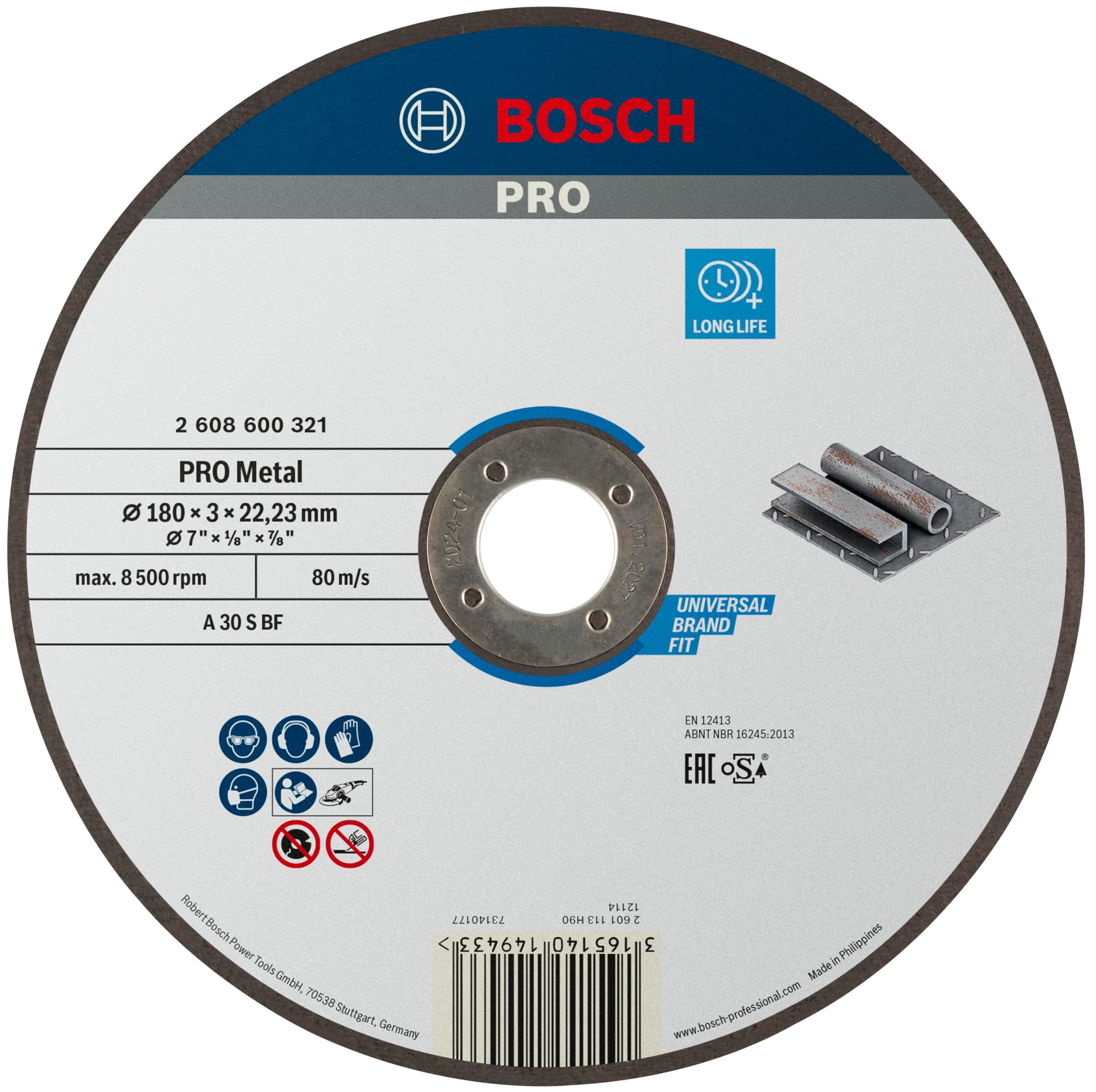 Bosch 1x PRO Metal Longlife Cutting Disc for Large Angle Grinder and Bore 22.23 mm (for Steel, Ø 180 mm, Professional Accessory Large Angle Grinder)