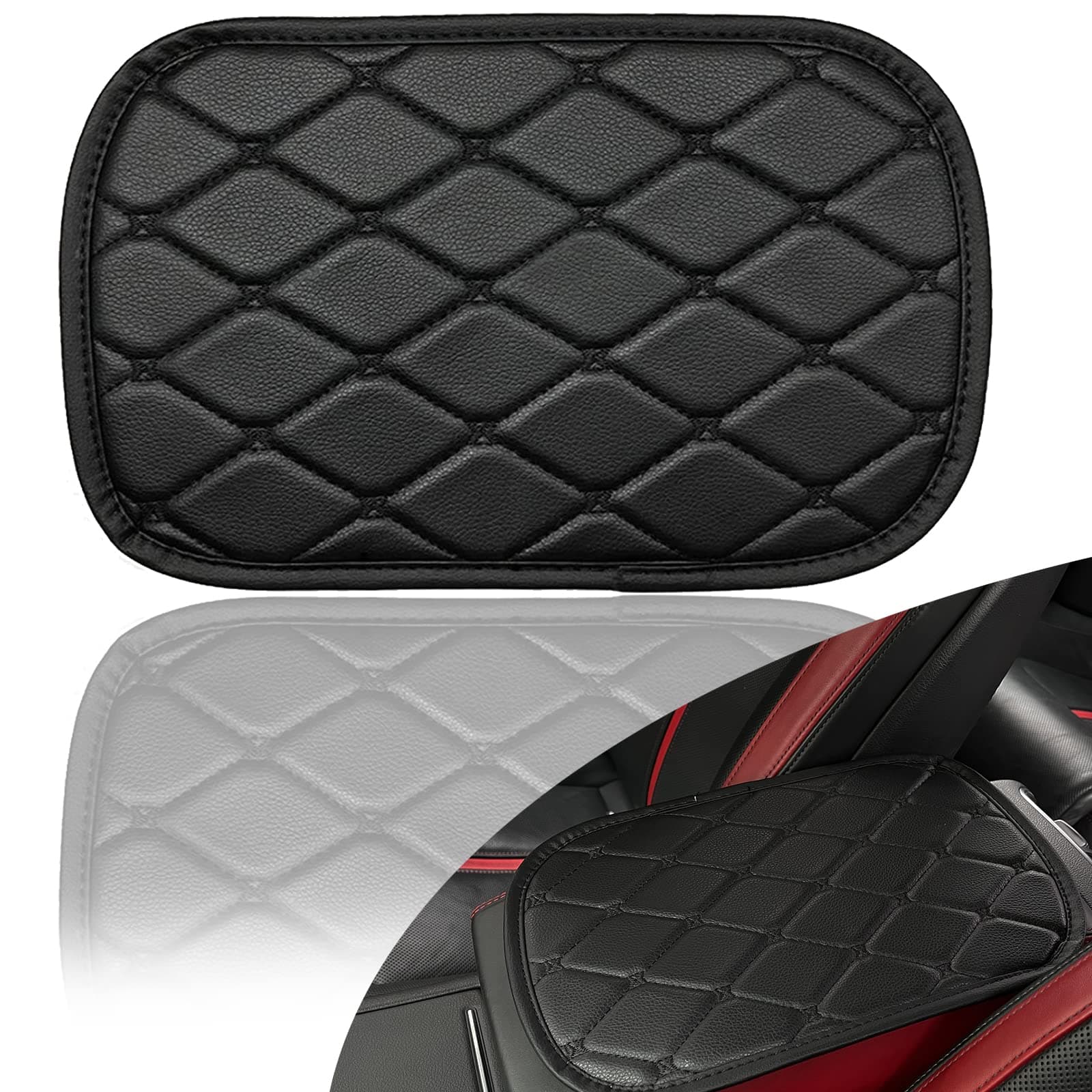 YOGEIER Waterproof Armrest Pad, 12.3×8.1inch PU Leather Grain Auto Armrest Cushion, Universal Interior Accessories for Most Cars, SUVs, Trucks (Black)