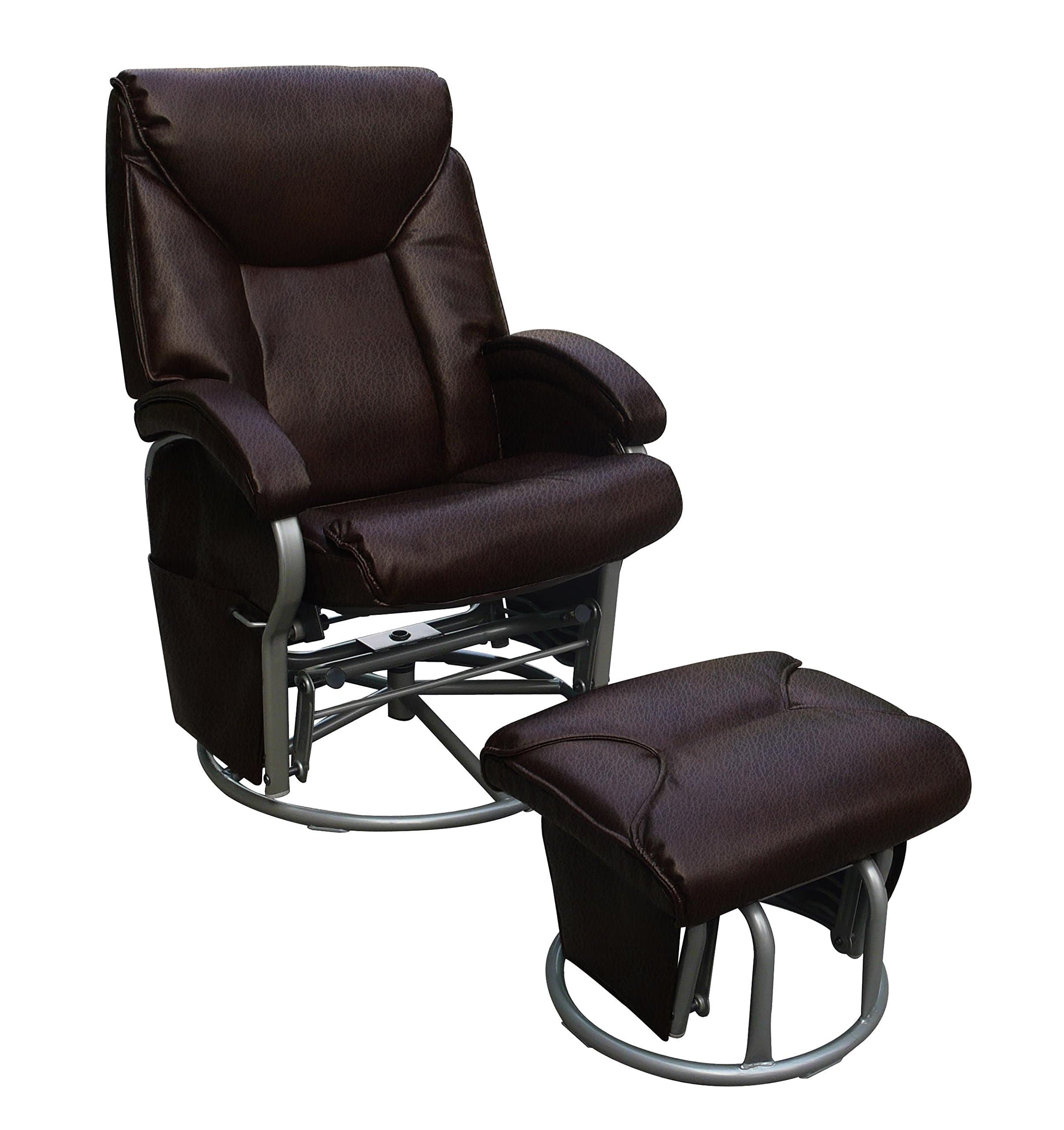 Push Back Recliner, Glider Rocker with Swivel in Bonded Leather Brown