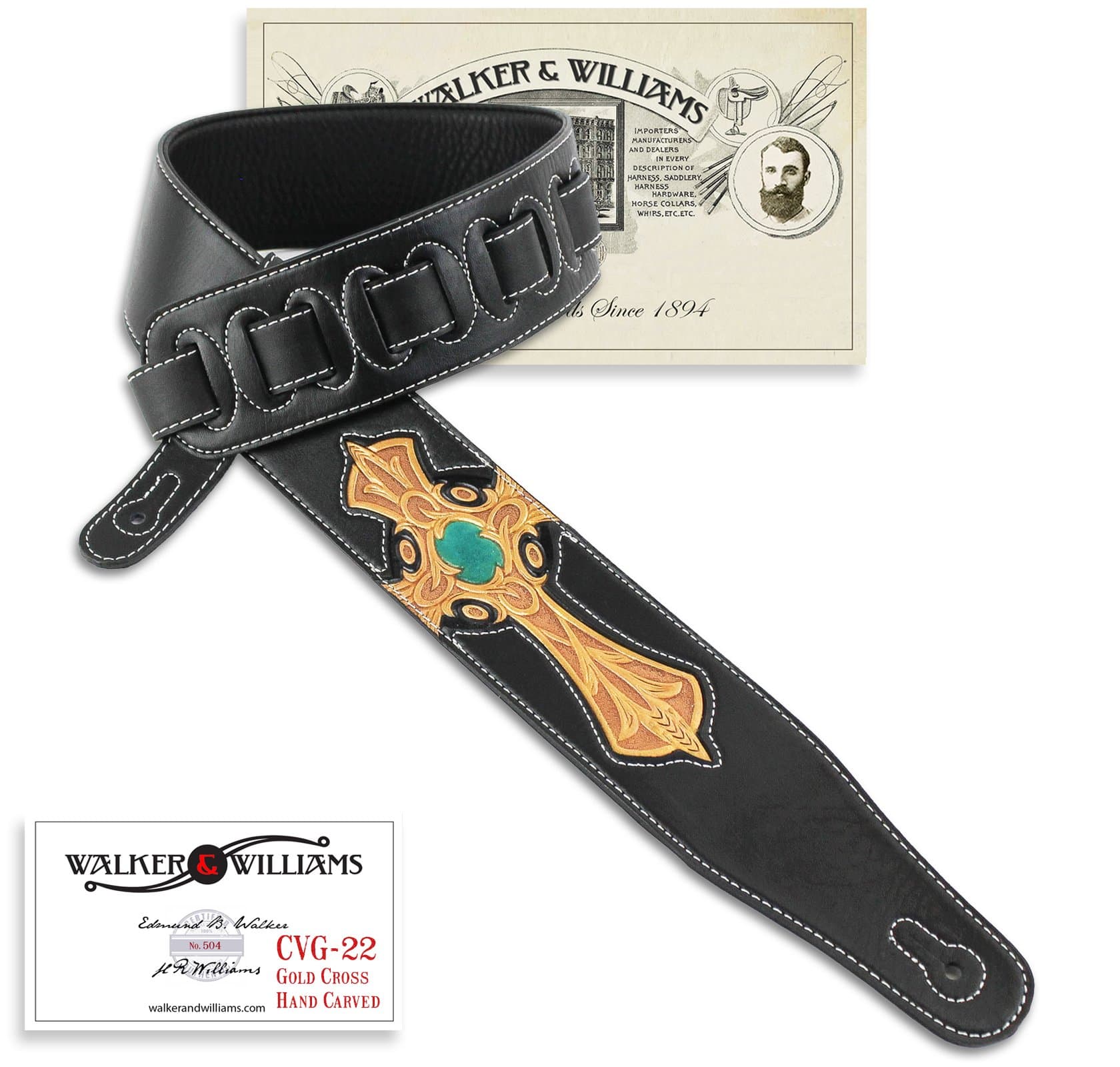Walker & Williams CVG-22 Padded Leather Guitar Strap with Hand Tooled Christian Gold Cross