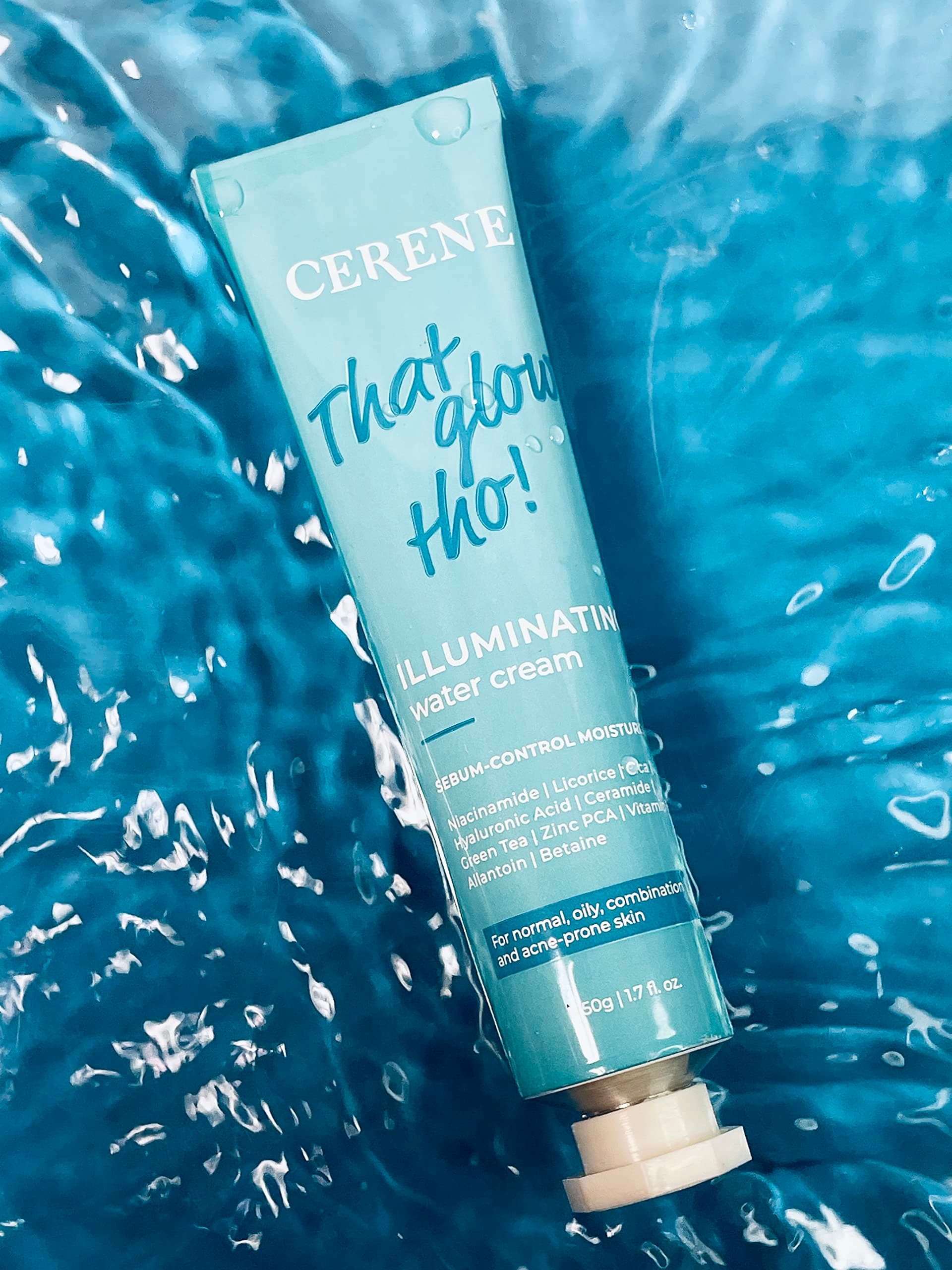 Cerene Illuminating Water Cream - Sebum Control Moisturizer With Niacinamide, Licorice, Centella Asiatica, Green Tea, Hyaluronic Acid & Ceramide | Regulates Oil Production | For Women & Men - 50 Gm