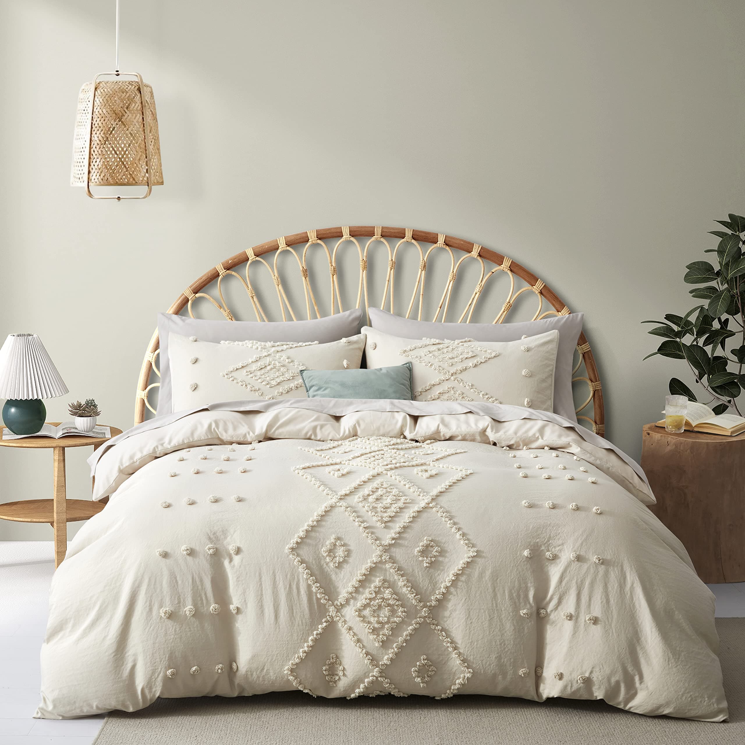 Oli Anderson Tufted Duvet Cover Queen Size, Soft and Lightweight Duvet Covers Set for All Seasons, 3 Pieces Boho Embroidery Shabby Chic Bedding Set (Beige, Queen, 90’’ x 90’’)