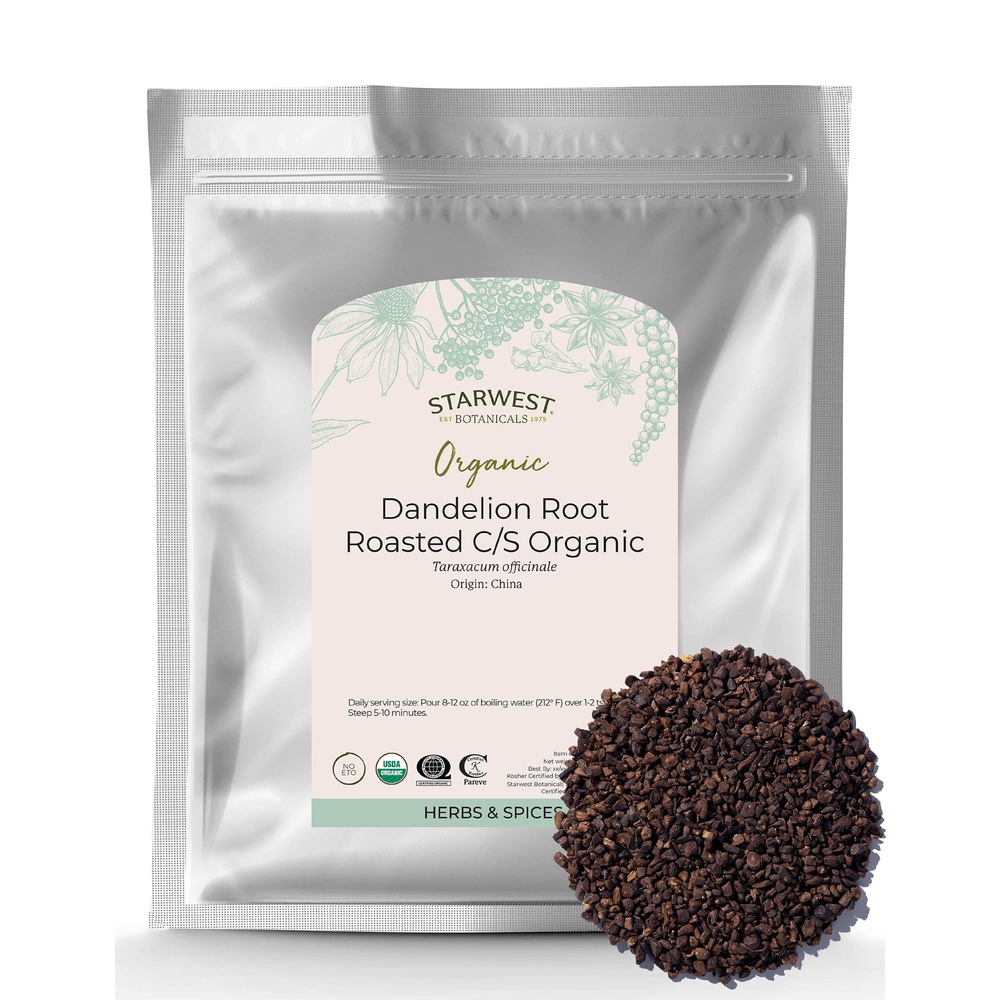 Organic Roasted Dandelion Root - Loose Leaf Herbal Tea, Cut & Sifted, Certified Kosher, Non-GMO, Caffeine-Free - Bulk 1 lb Bag