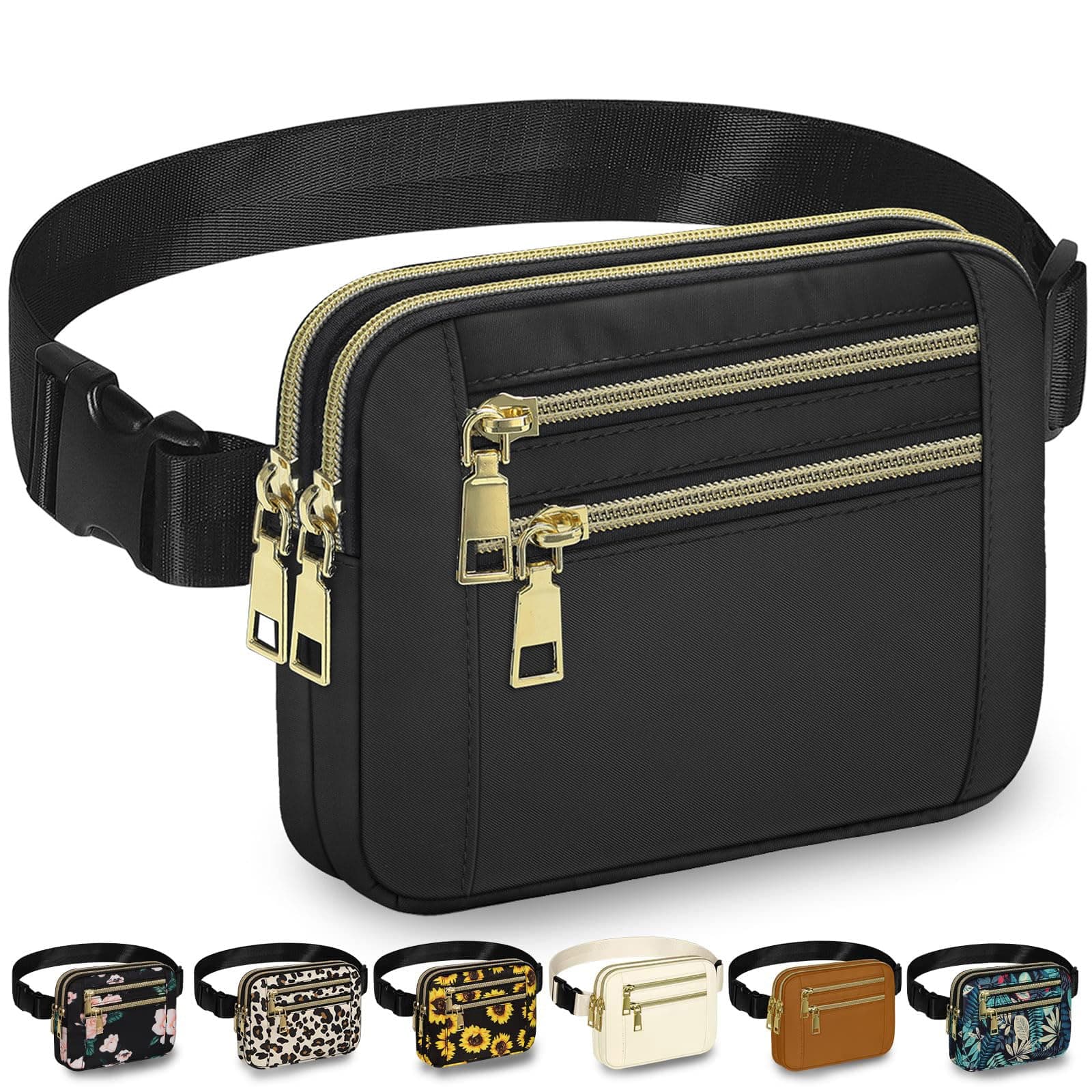 Capolo Fanny Packs for Women Fashion Waist Packs Bag with Adjustable Strap and 4 Zipper Pockets Waterproof Everywhere Crossbody Belt Bag for Workout Running Travelling, Black, Medium, Casual Waist Bag