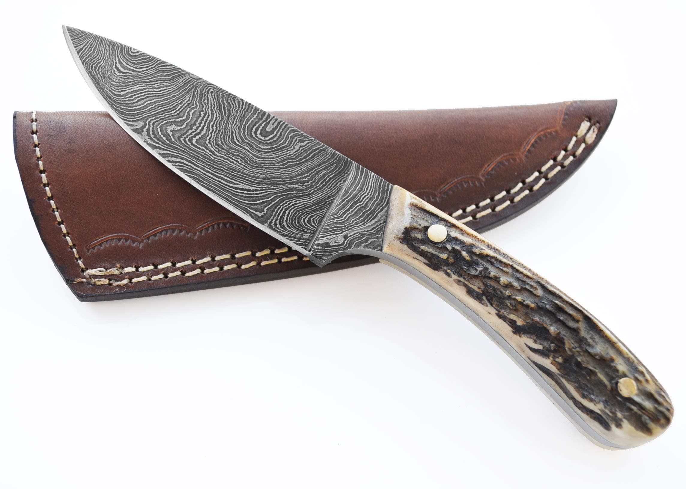 Damascus Hunting Knife with Stag Antler Handle and Leather Sheath (Damascus Skinner, 3.75 Inch Blade)