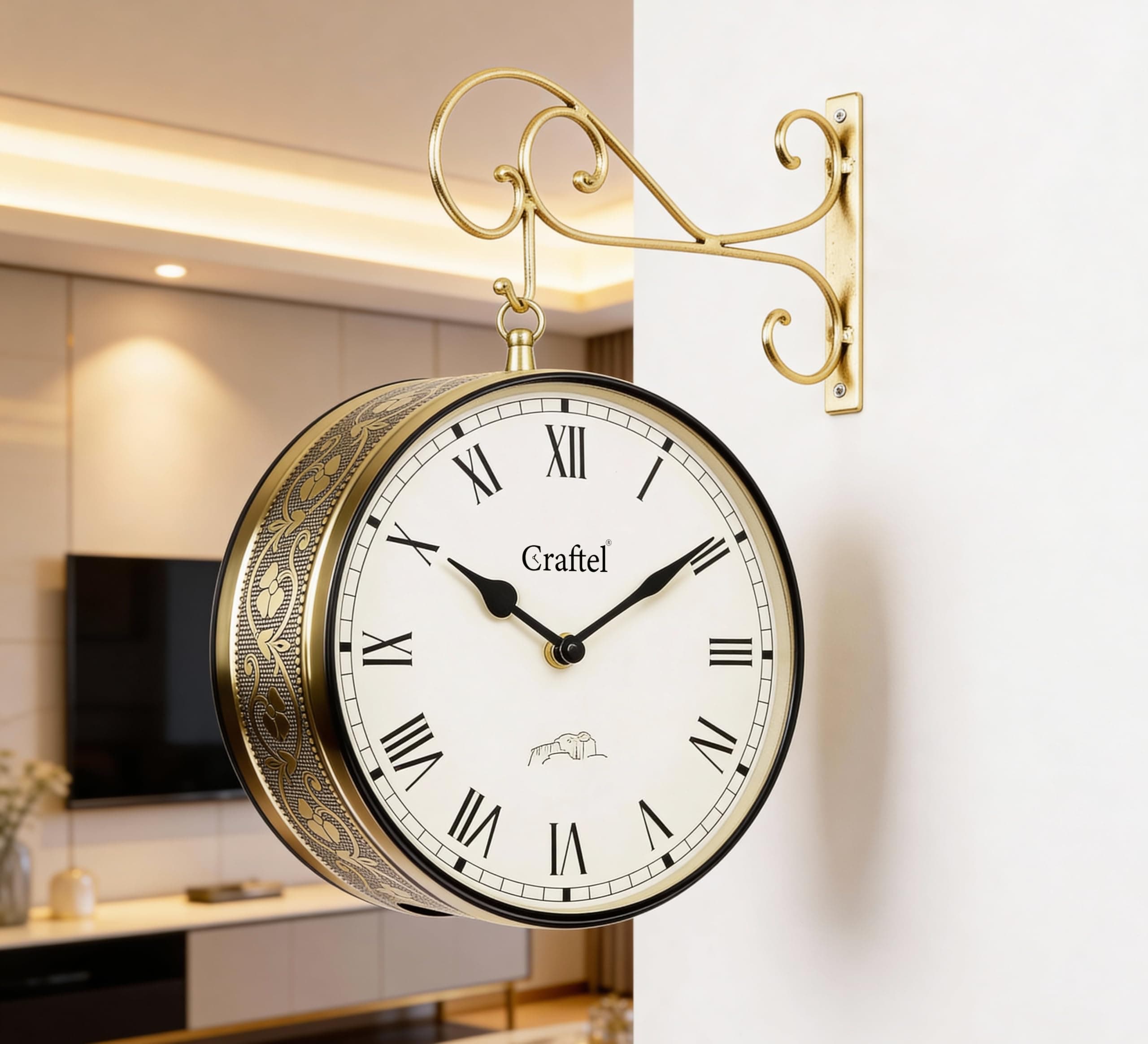 CRAFTEL Metal Roman Dial Double Sided Railway Station Analog Wall Clock Vintage Hanging Clock For Living Room Home And Office (Golden_10 Inches)
