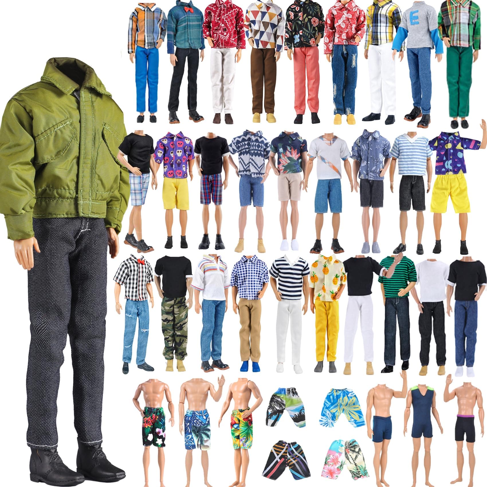 E-TING 15 Pcs Fashion Clothes Package = 5 Pcs Casual Outfit + 5 Pants + 5 Pairs Shoes for 12 inch Boy Dolls(Green Bomber Jacket + Daily Suit + Suit