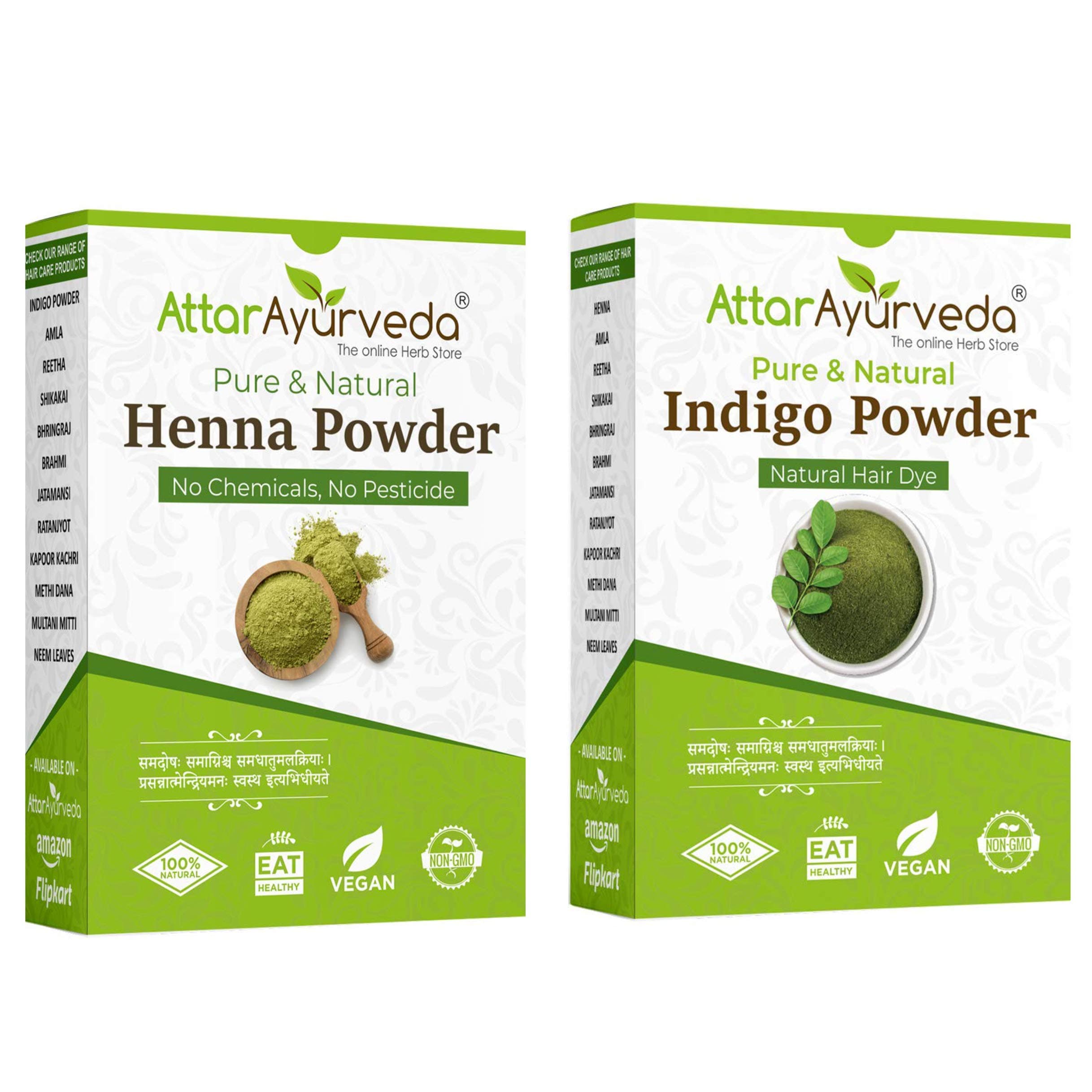 Attar Ayurveda Natural Dye for Black Hair (Henna and Indigo powder combo pack) (200 grams + 200 grams = 400 grams total)