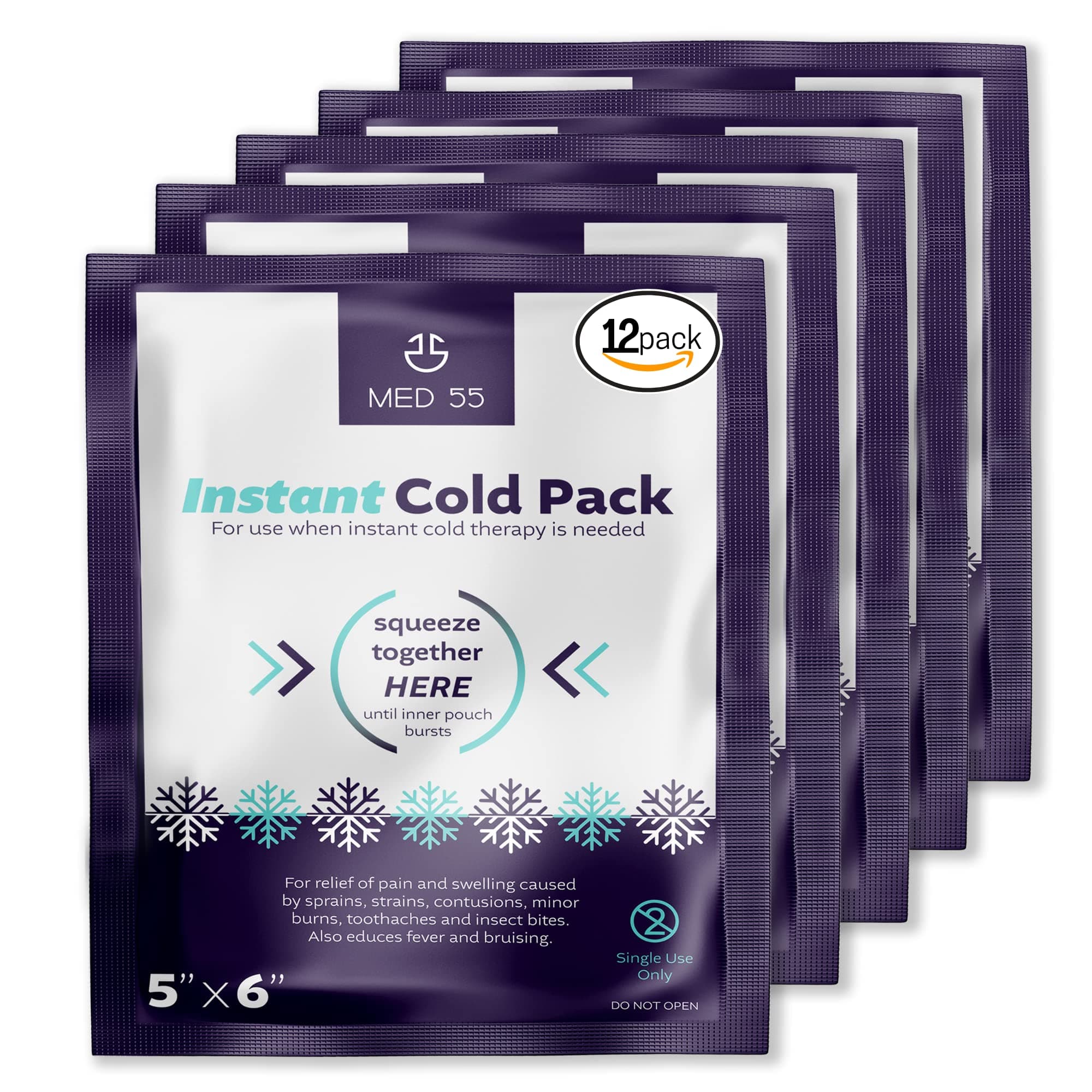 medi 55 Instant Cold Packs - Pack of 12 (5" x 6") Disposable Cold Compress Therapy Instant Ice Pack for Injuries, First Aid, Pain Relief for Tooth Aches, Swelling, Sprains, Bruises, Insect Bites