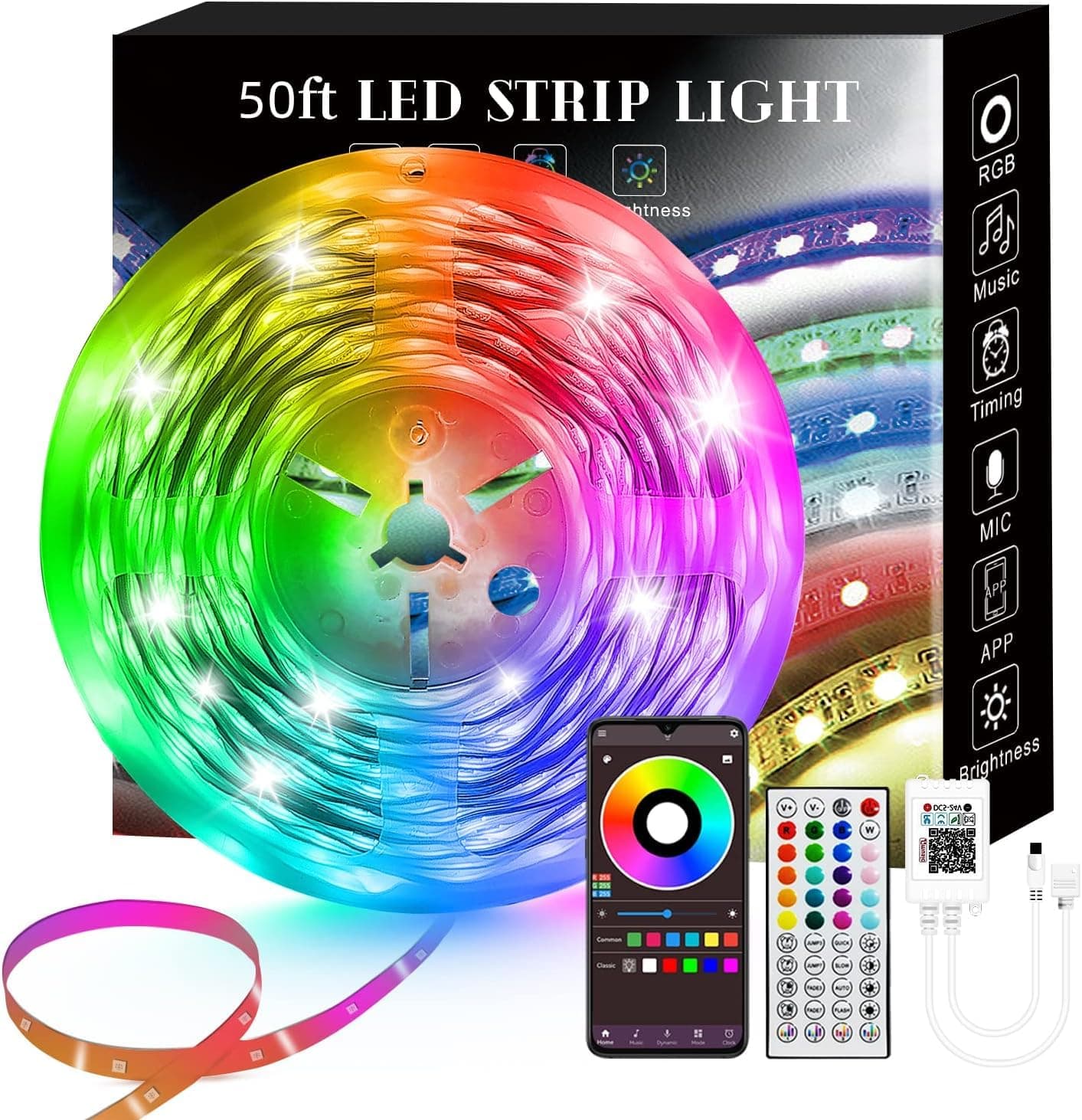 50FT Smart LED Strip Lights, Sync to Music with 40 Key Remote Controller，Lighting Strips with App Control LED Lights for Bedroom,Christmas Lights decration (Multi-Colored, 50FT)