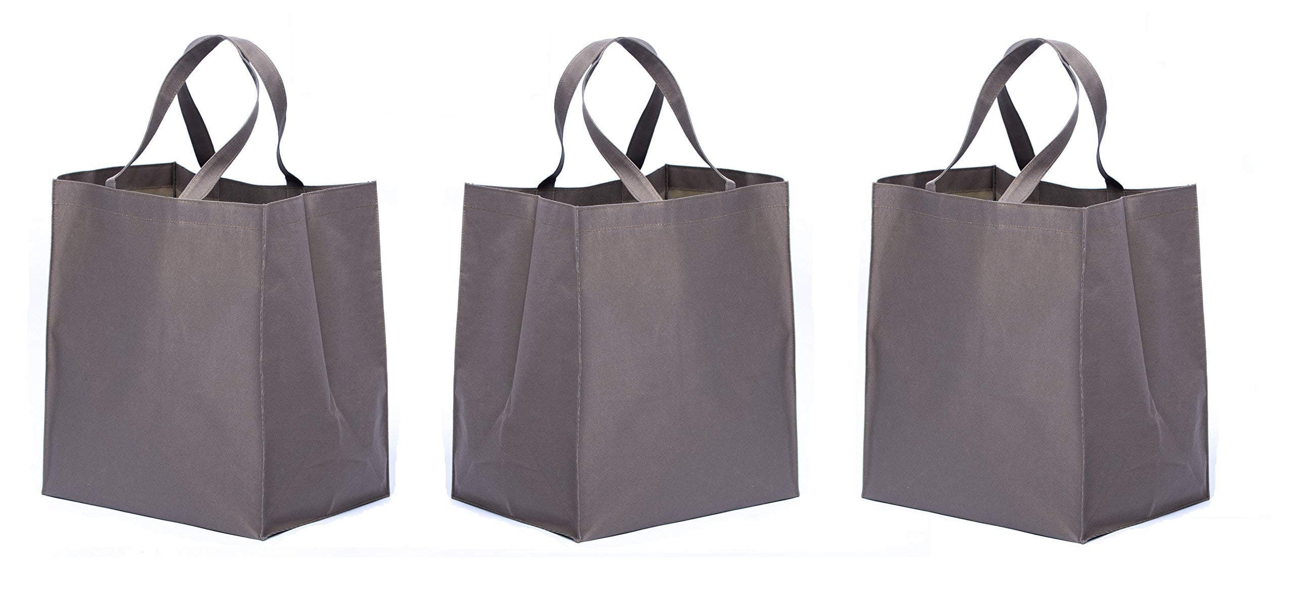 Reusable Grocery Shopping Tote | Pack of 3 that Holds 120 Lbs Foldable and Self Standing | Silicone Handle included (Beige)