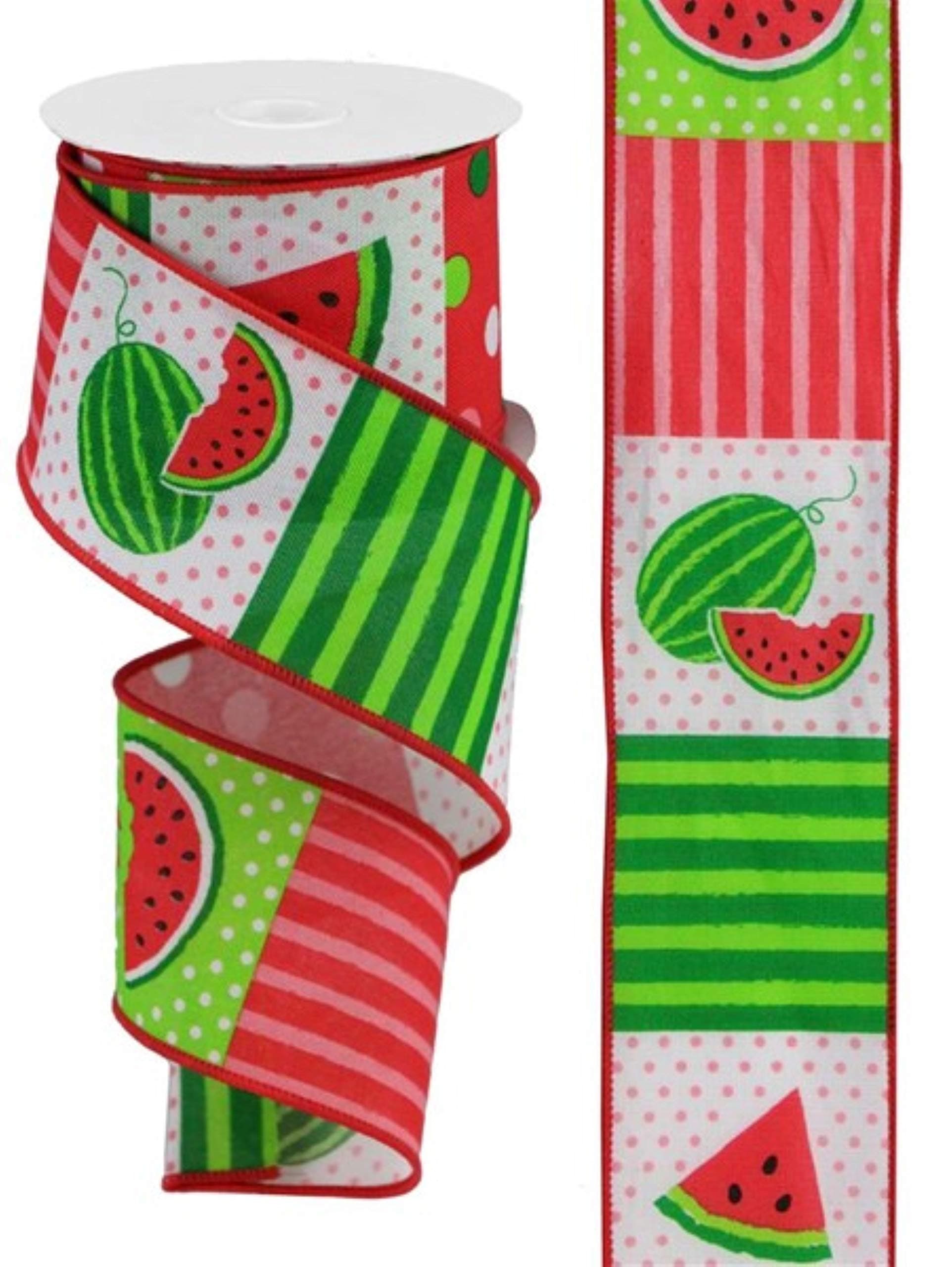 Generic Craig Bachman 2.5 Watermelon Block Royal Ribbon: White (10 Yards) - Watermelon Wired Edge Ribbon RGC1141WT