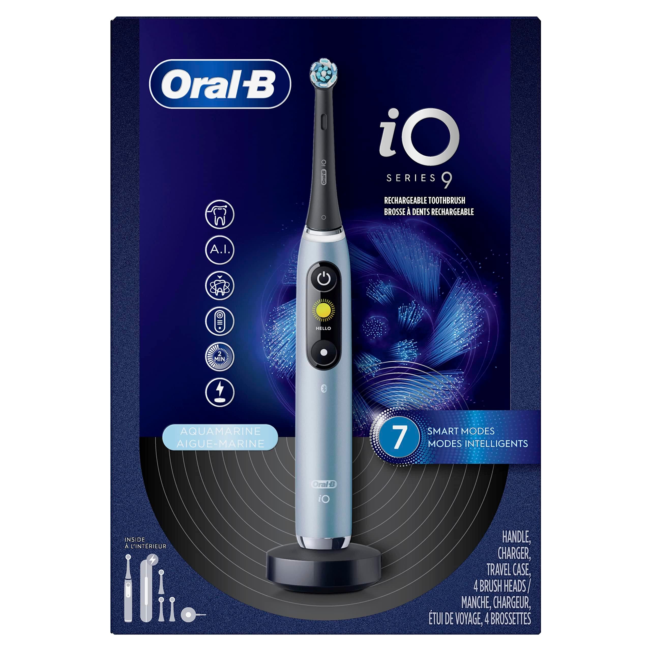 Oral-B iO Series 9 Electric Toothbrush, Aquamarine, Rechargeable Toothbrush with (4) iO Brush Heads and Travel Case
