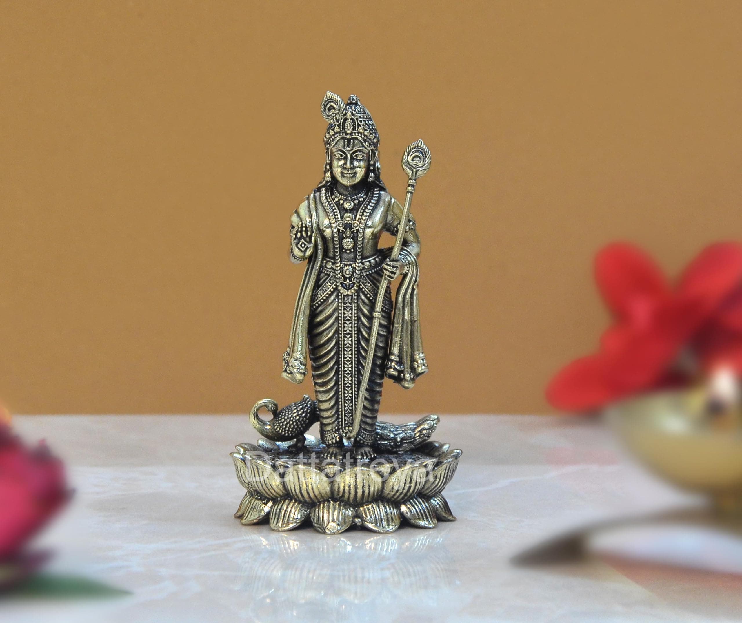 Dattatreya Bronze Standing Lord Kartikeya Murugan Murti for Home Decor Pooja Mandir Decorative Showpiece Bronze Murti (Height 4 Inch)