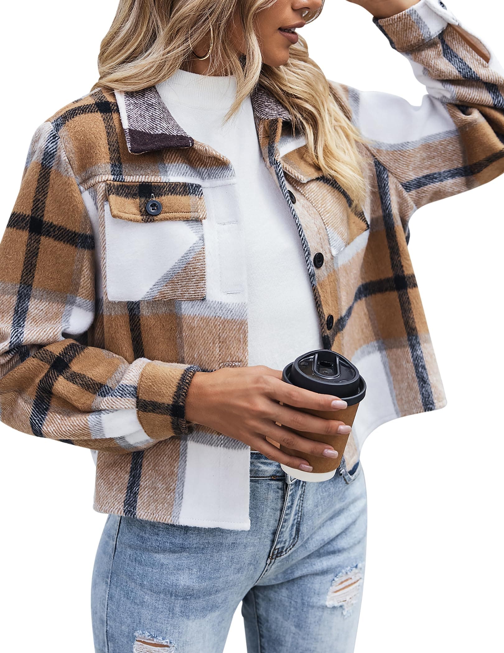 Flannels for Women Cropped Shacket Jacket Fashion Plaid Button Down Shirt 2026 Fall Coat Tops