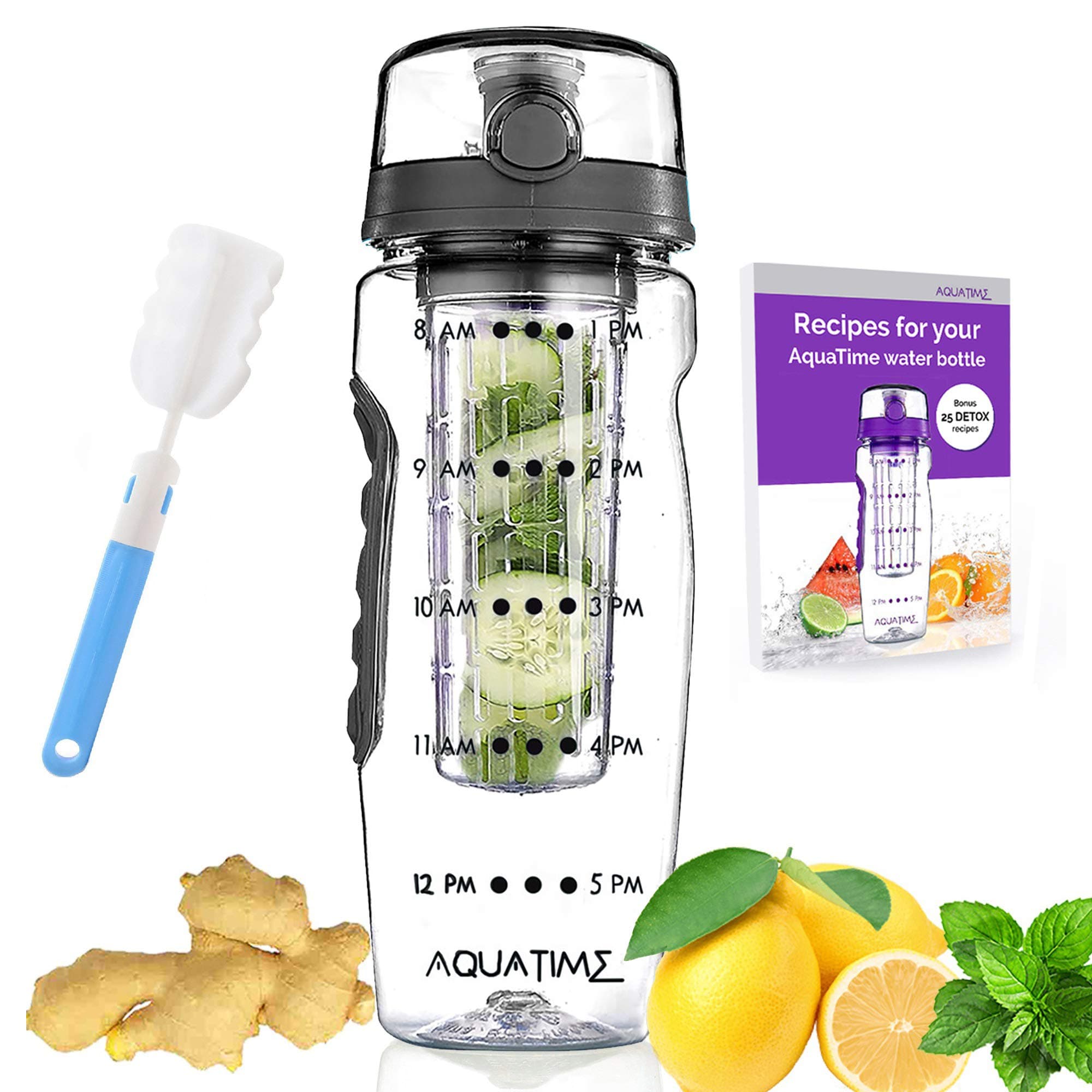 Time Marked Fruit Infuser Water Bottle AQUATIME Large 32 oz – Brush For Easy Clean included – Convenient To Carry - Fruit Infused Water Bottles - Infusion Bottle for Women and Men with Straw (Black)