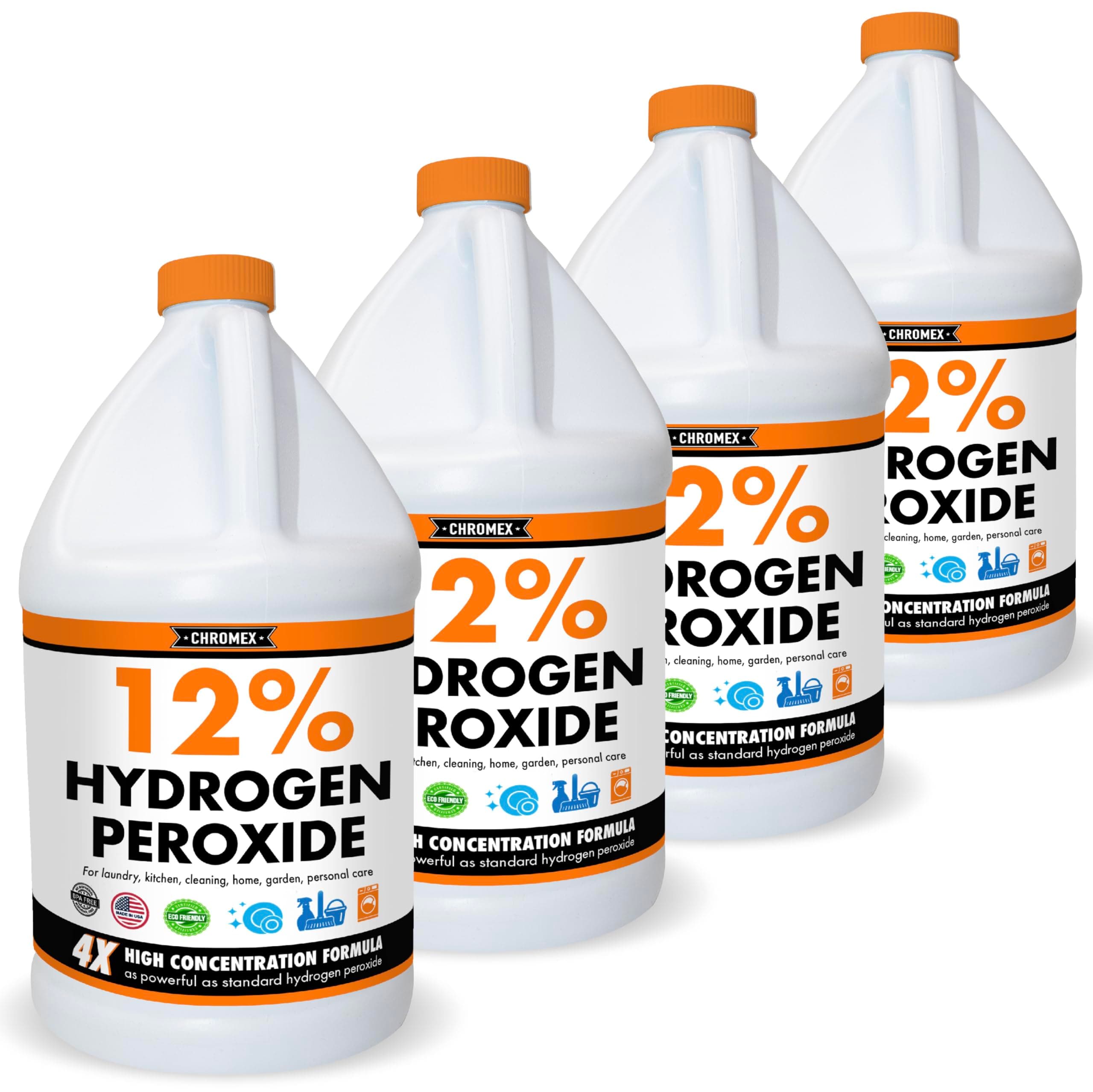 Chromex Hydrogen Peroxide 12 Percent Food Grade, 4x Power Concentrated Solution, 4 Gallons Dilute to 16 Gallons, Versatile Uses include Topical Care, Home, Kitchen, Bath Cleaner, Laundry, Whitening