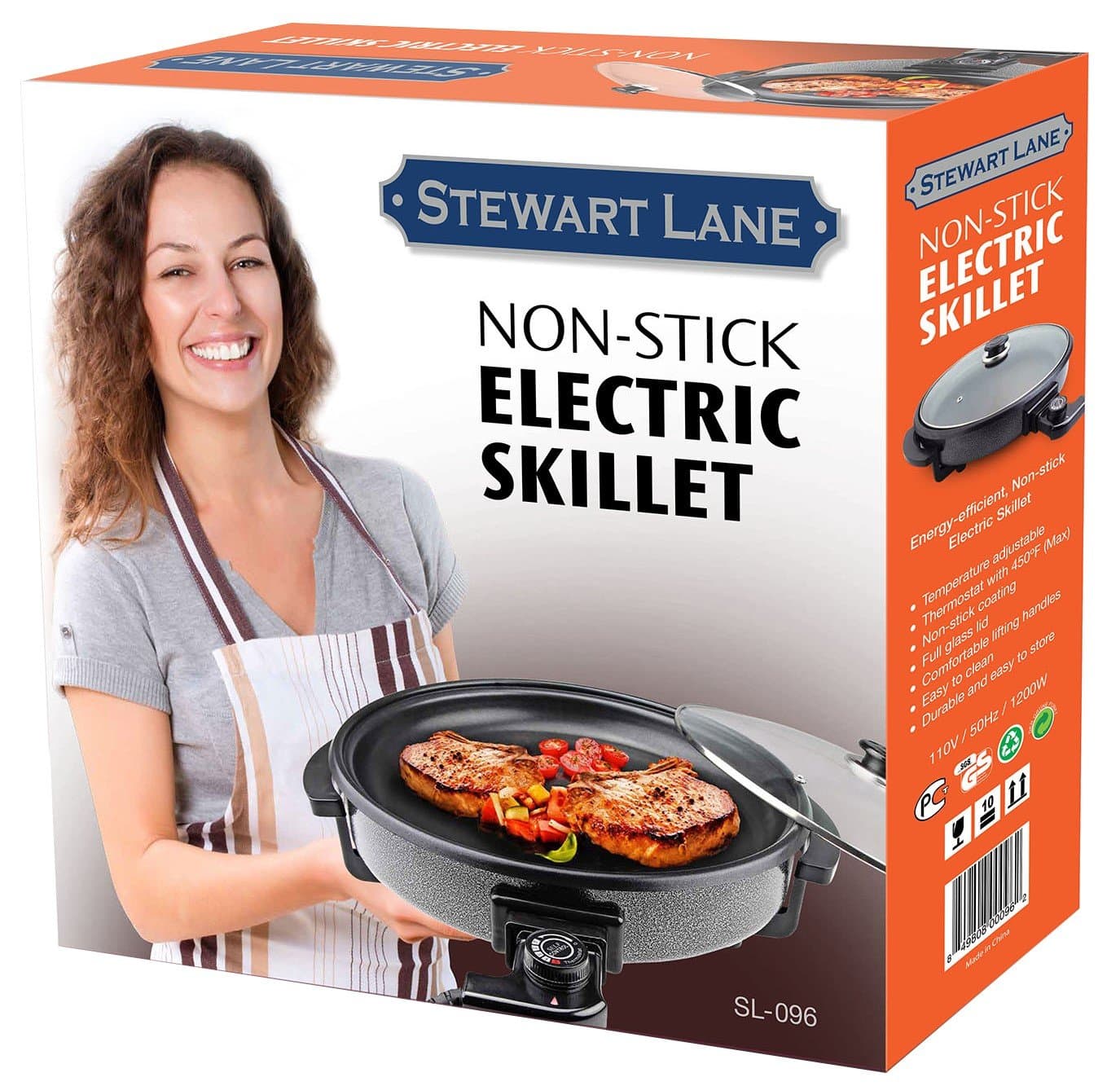 Stewart Lane Energy Efficient 13.5 Inch, 3.7 Qt Non-Stick Electric Skillet With Glass Cover Lid, 400 Deg Blk Stylish Round Cook Fry Stew Roast Bake Slow Cook Buffet Cater Serve Breakfast Lunch Dinner