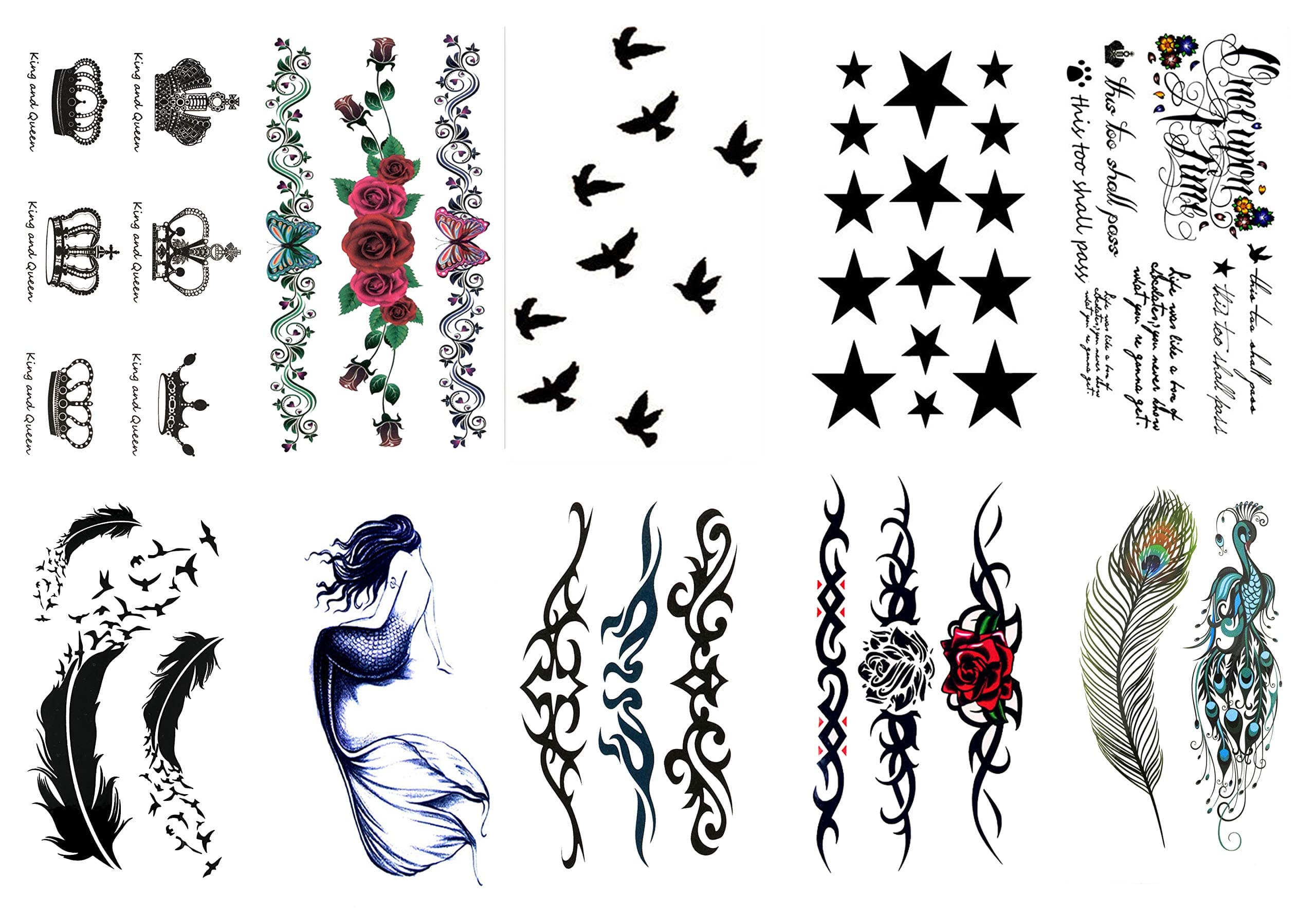 S.A.V.I 10PCS. Temporary Tattoo Stickers of Crown, Birds, Stars, Mermaid, Peacock Feather, Rose Flower, Text, Butterfly Mix Designs For Girls And Women Size 10.5x6CM Multi Color