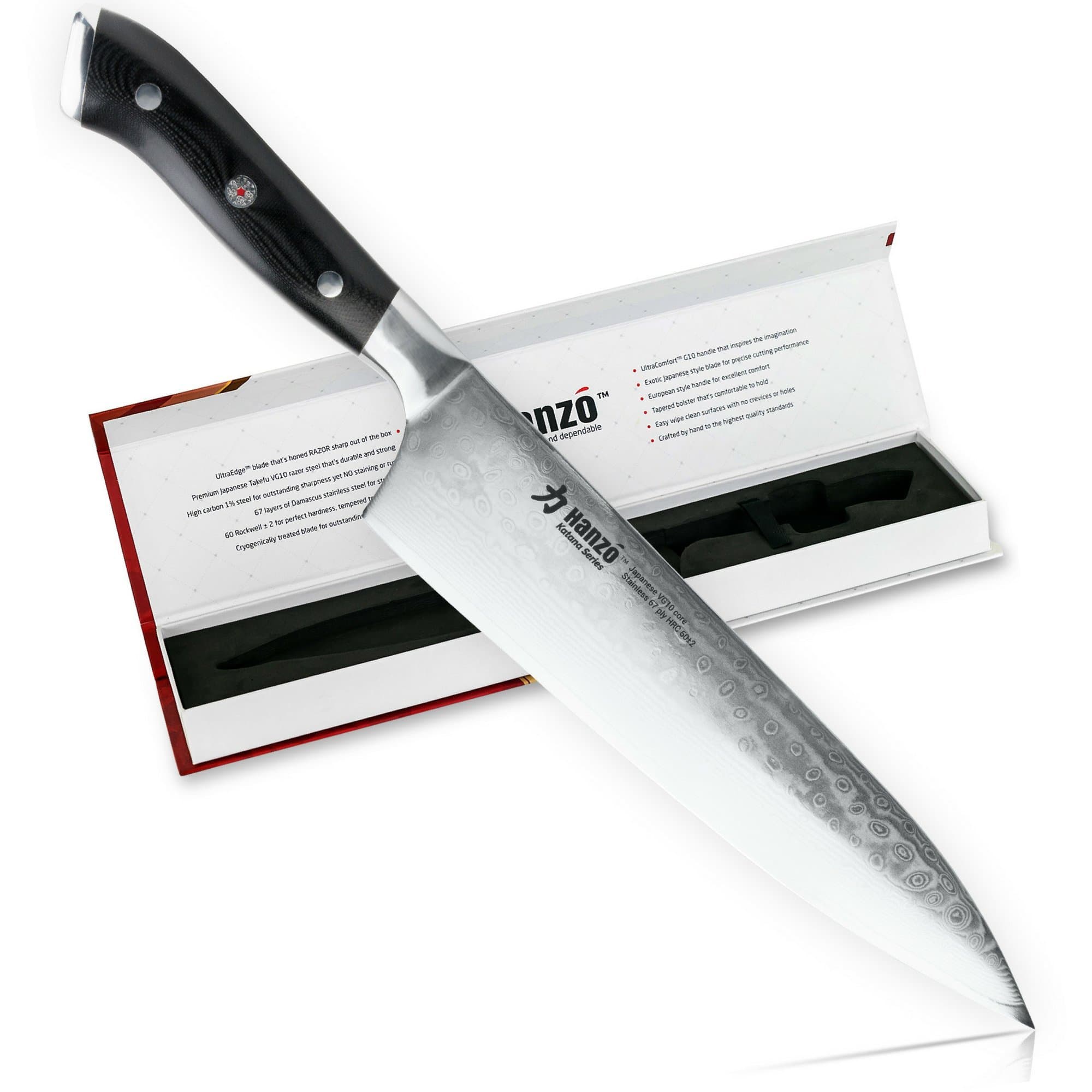 HANZO Chef Knife Professional Knives - 9.5 inch Katana Series 67 ply Japanese VG10 steel - G10 Military Grade Custom Contoured Handle – Outstanding handling and edge retention