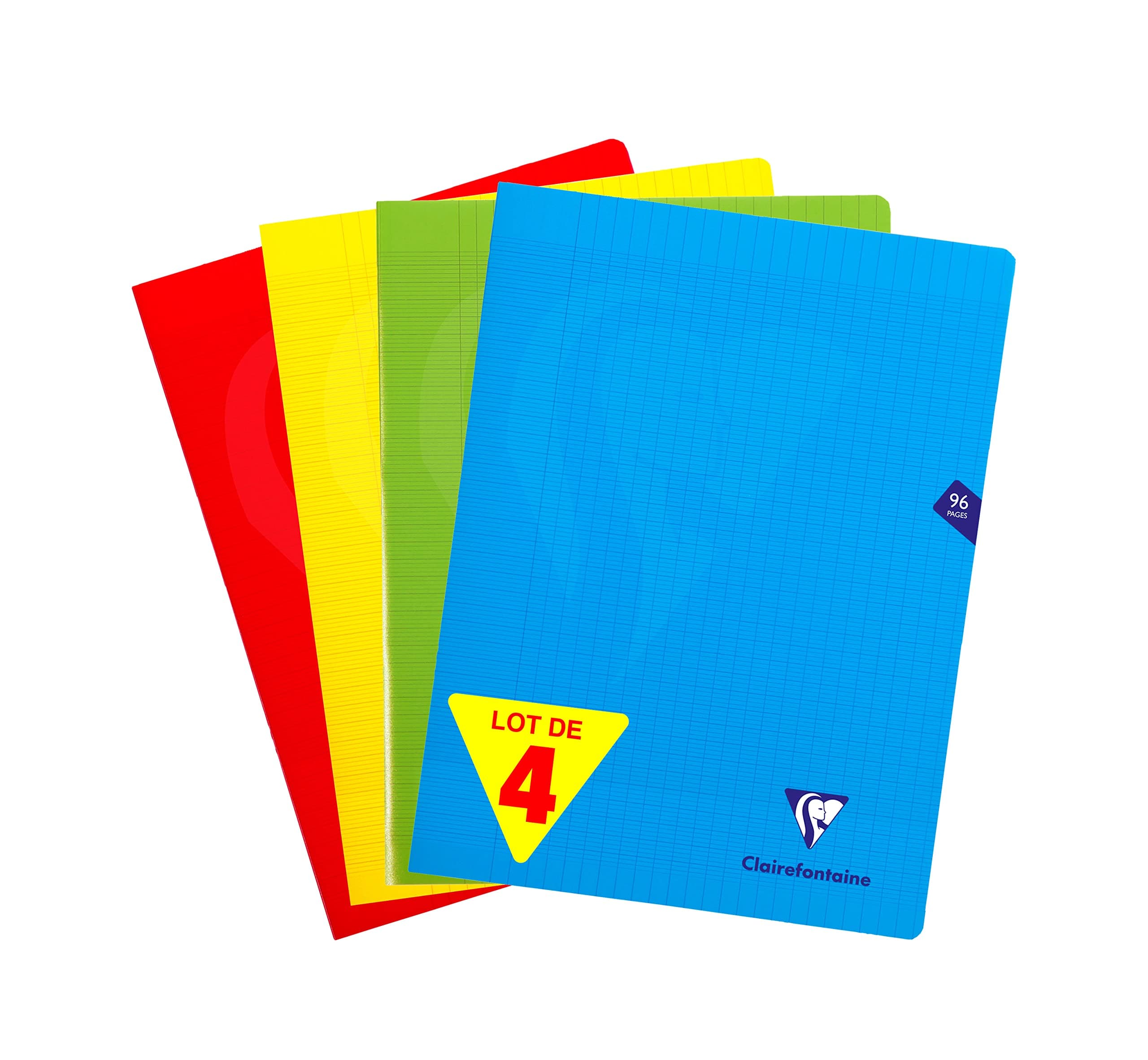 Clairefontaine293361AMZ Set of 4 Mimesys Stapled Notebooks - 24x32 cm - 96 Large Square Pages - White Paper 90 g - Assorted Polypro Covers (Blue, Red, Yellow and Green)