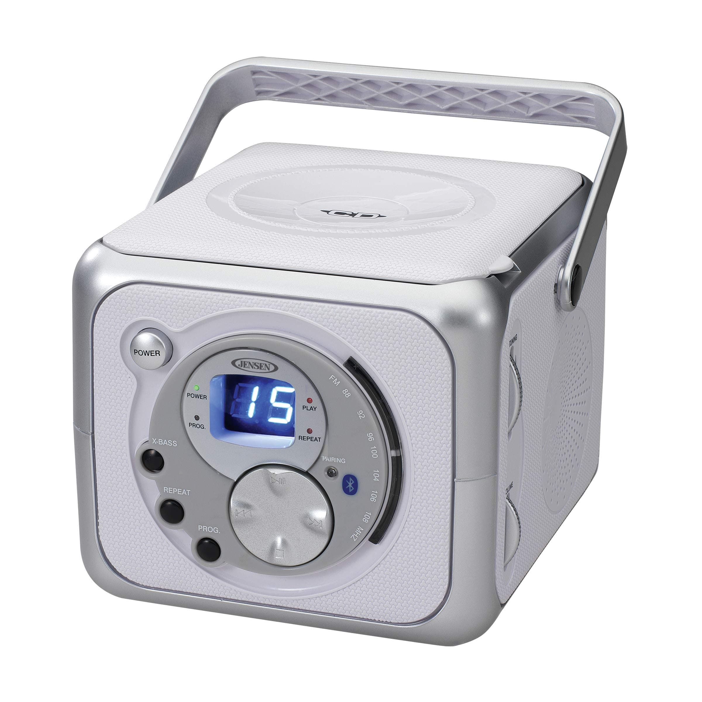 FM Stereo CD555 Bluetooth Boombox, Silver, 7.00 x 9.75 x 6.00 inches