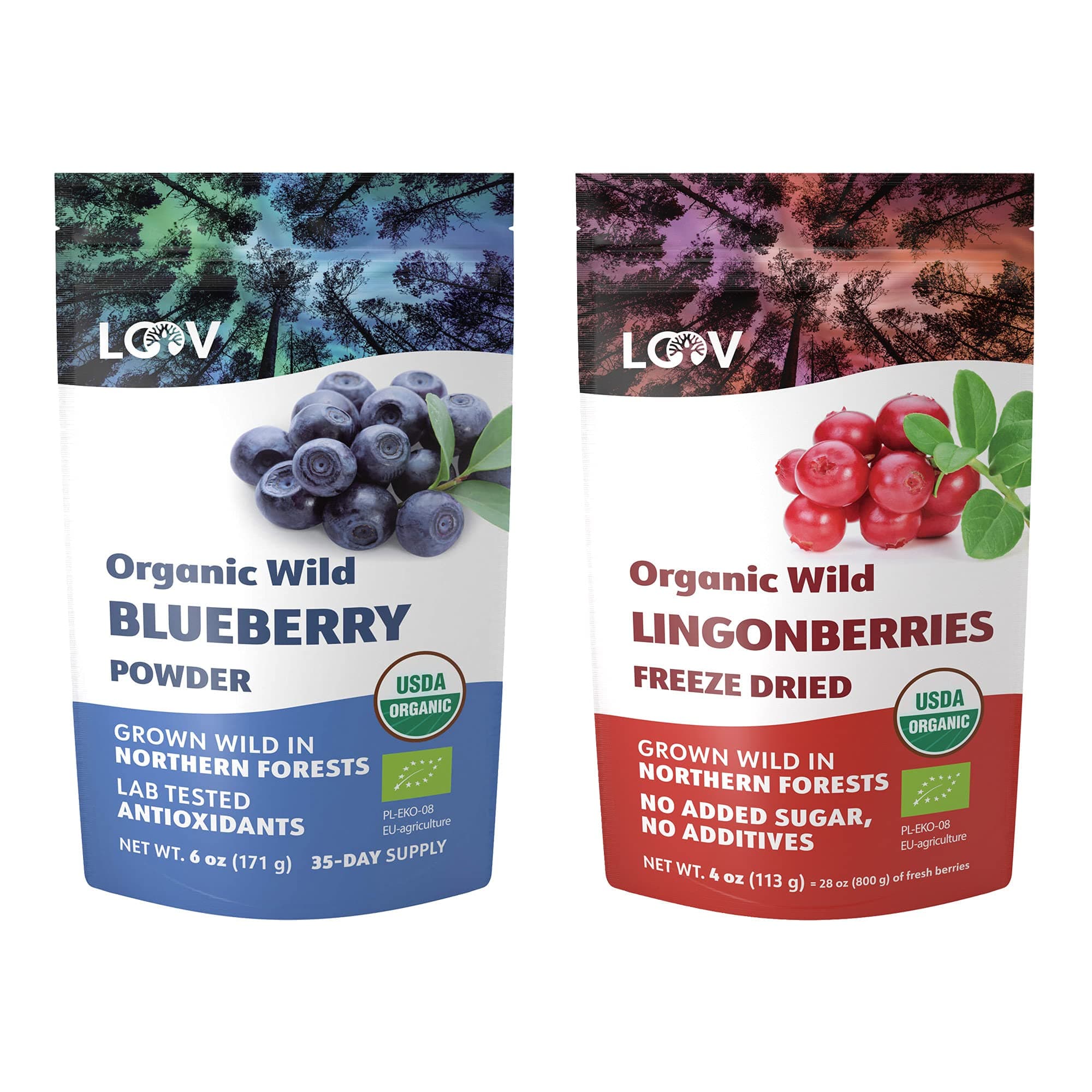 Bundle – 2 items: LOOV Organic Wild Blueberry Powder and Freeze Dried Organic Wild Lingonberries