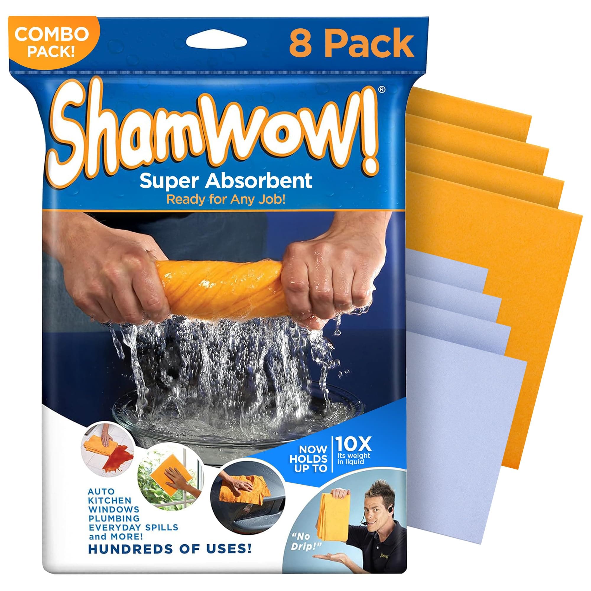 Original Super Absorbent Multi-Purpose Cleaning Shammy Chamois Towel Cloth - Holds 10X its Weight in Liquid - Machine Washable - Will Not Scratch (8 Pack: 4 Large Orange & 4 Small Blue).