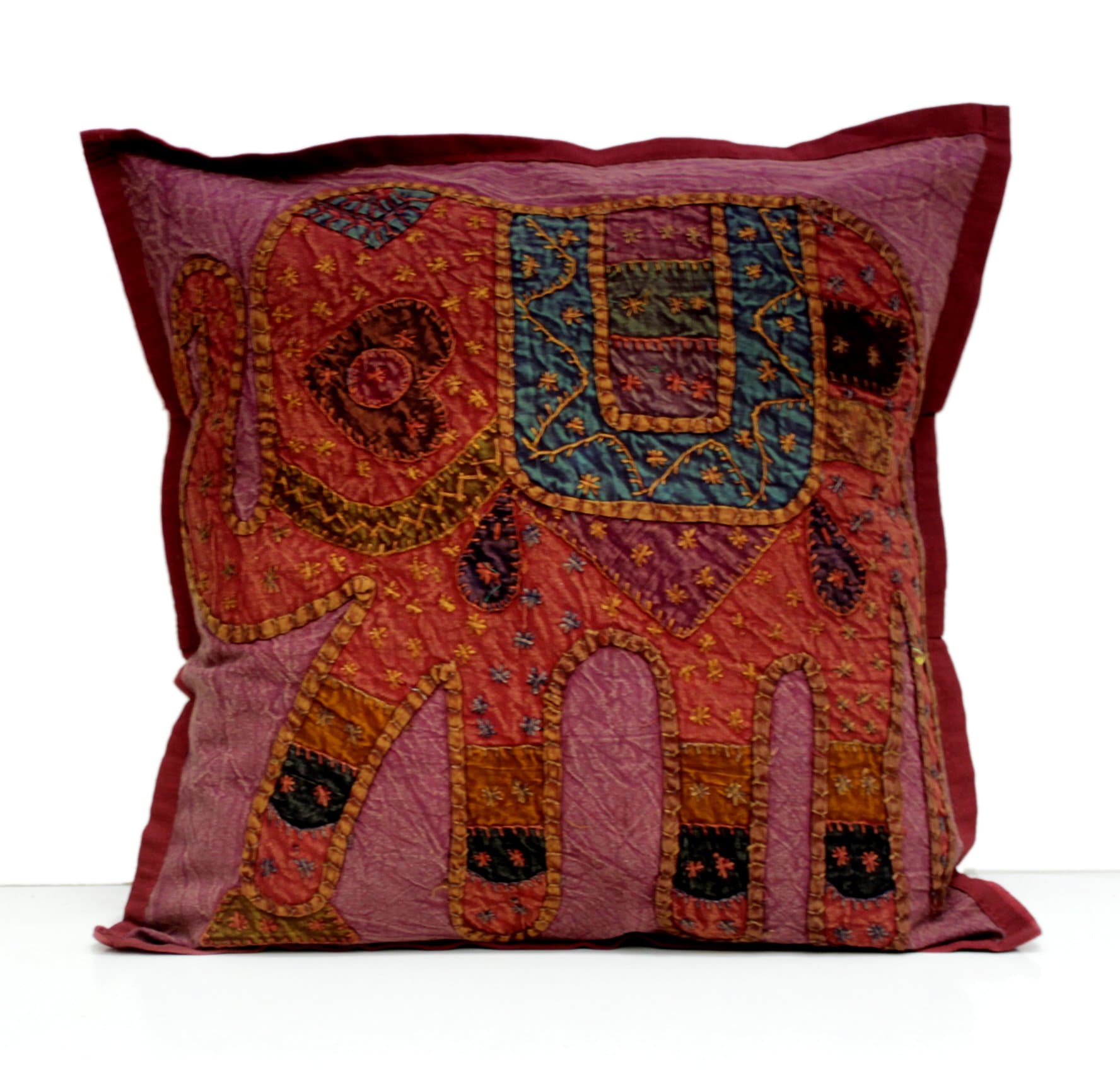 An Applique Indian Home Decor Elephant Design Patch Work Ethnic Pillow Cushion Cover (Maroon)