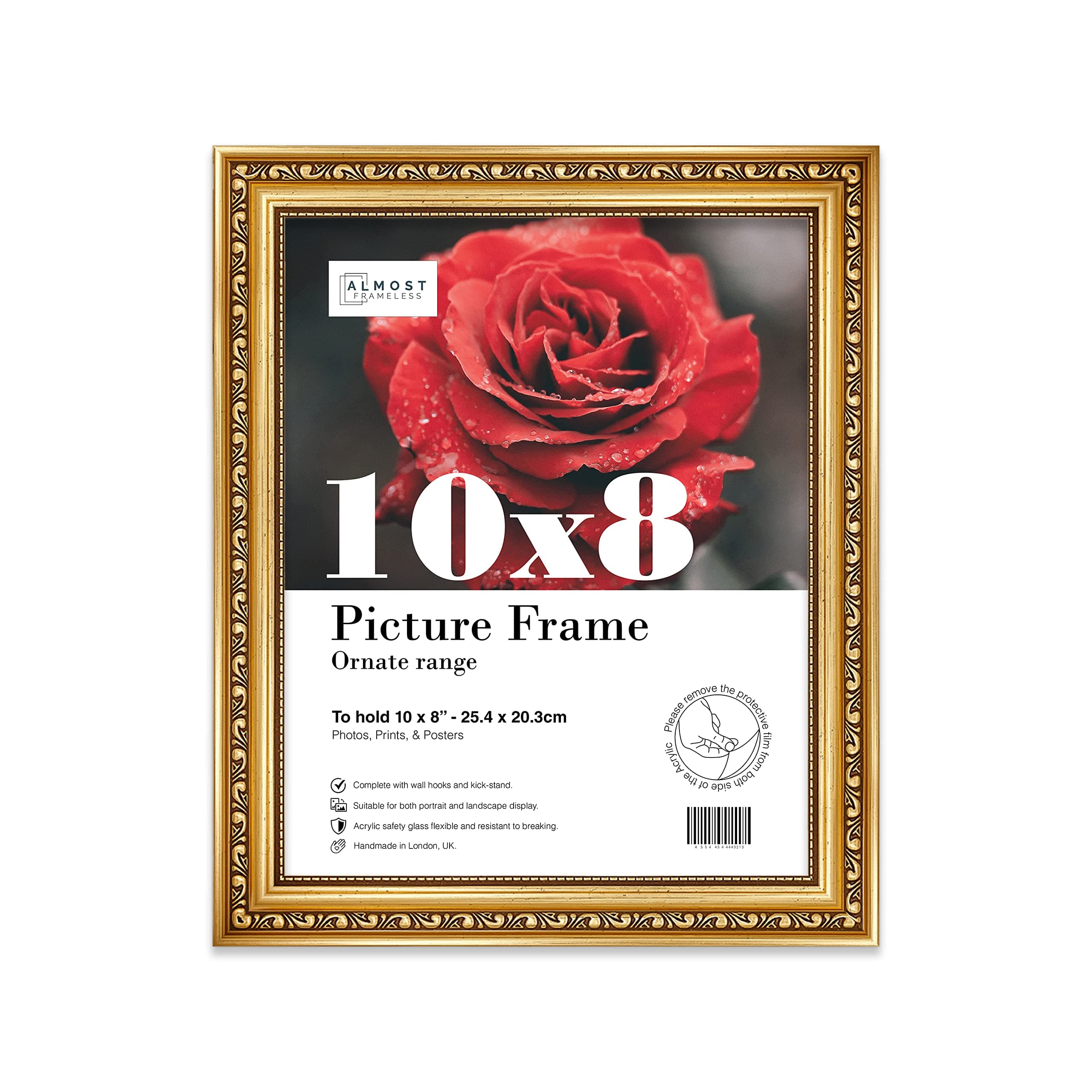 10x8 Gold Ornate Picture Frame 10"x8"(25.4x20.3cm) Poster, Photo, Artwork, or Print. Antique Style Portrait and Landscape Display with Wall Hooks