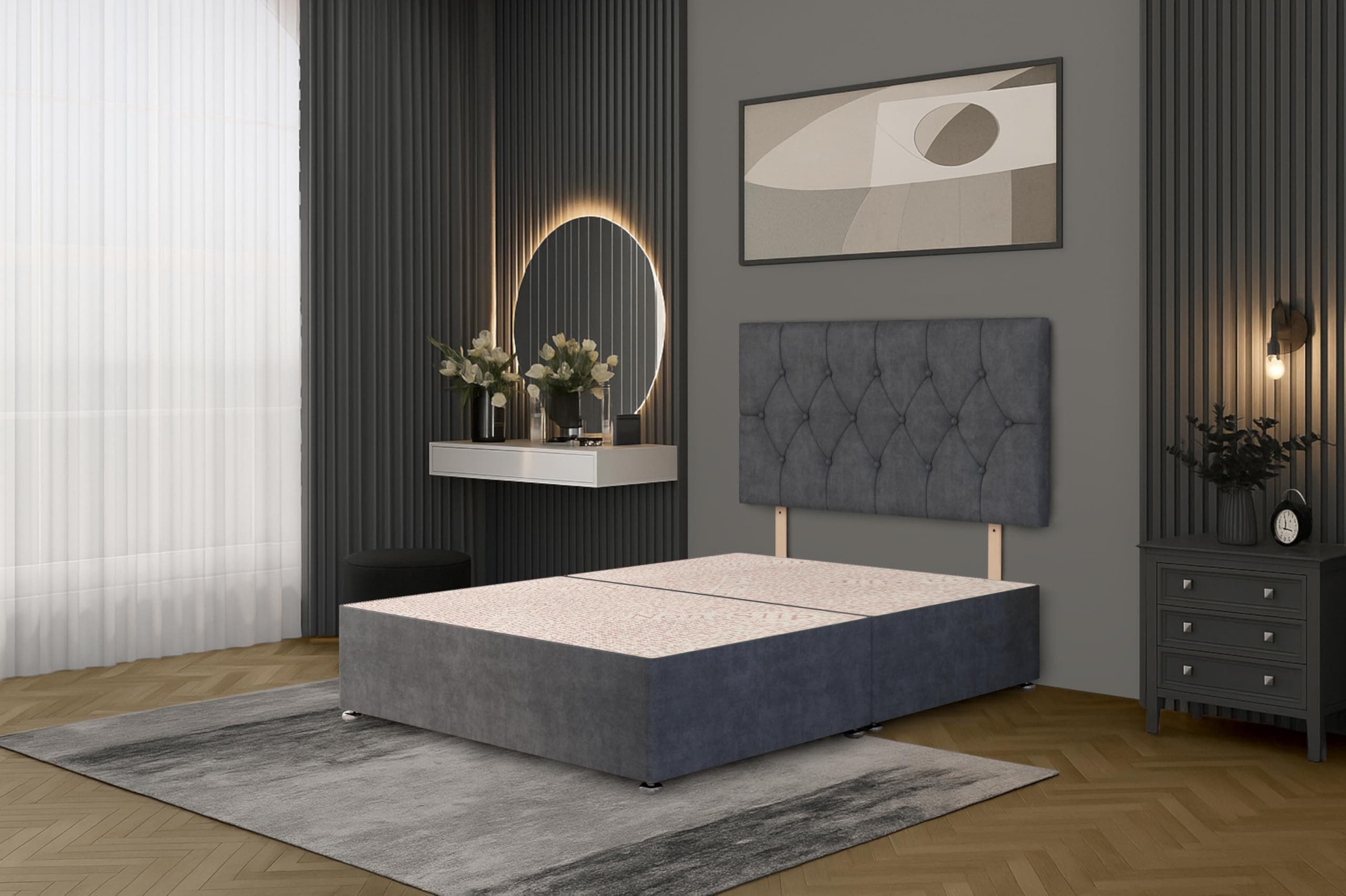 Charcoal Plush Fabric Divan Base Plus Matching Headboard3ft 4ft 4ft6 5ft 6ft (4FT6 (Double))