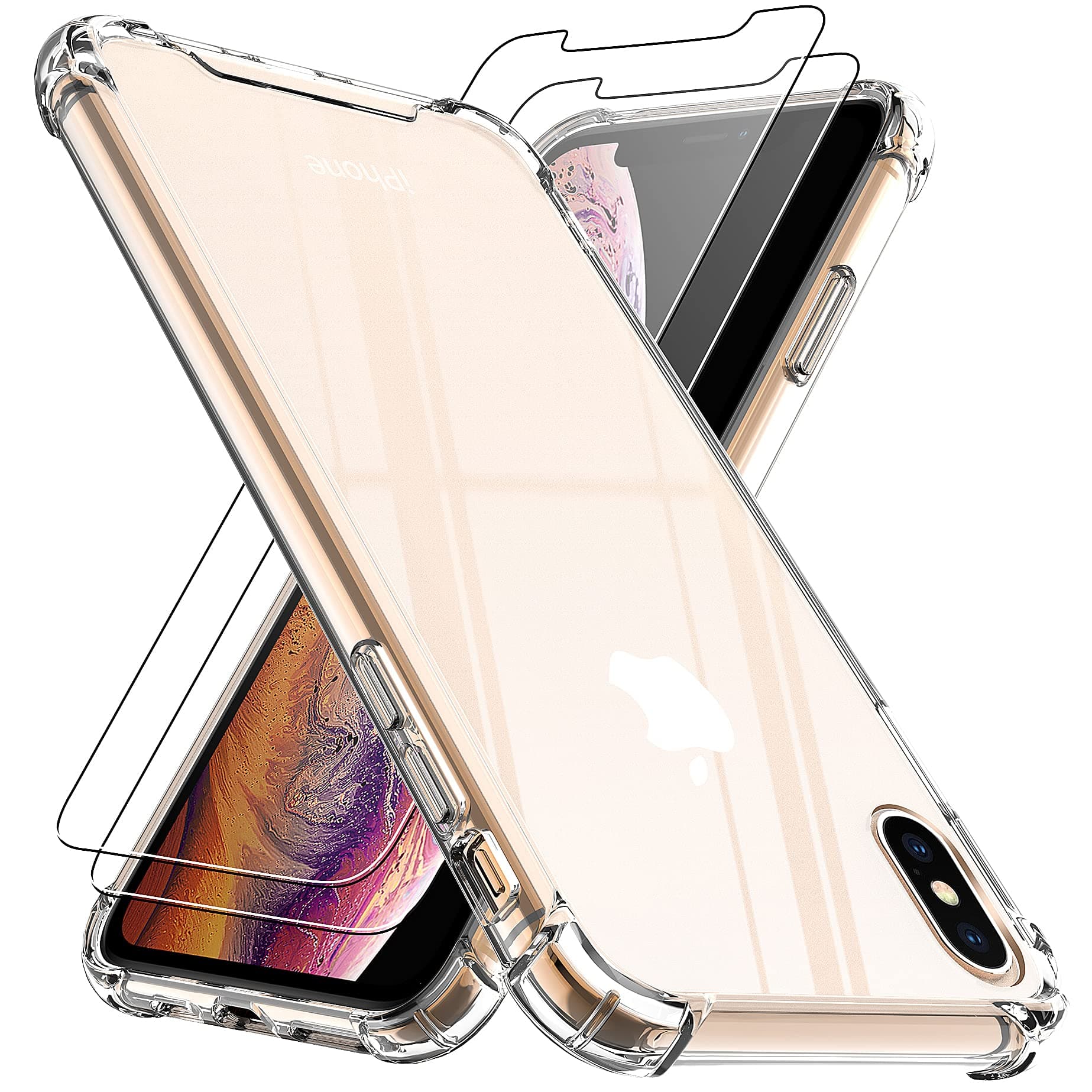 Case for iPhone XS Max with [2-Pack] Tempered Glass Screen Protector, Air Cushion Drop Protection, Shockproof Transparent Clear Bumper Phone Case Cover, Anti-Scratch