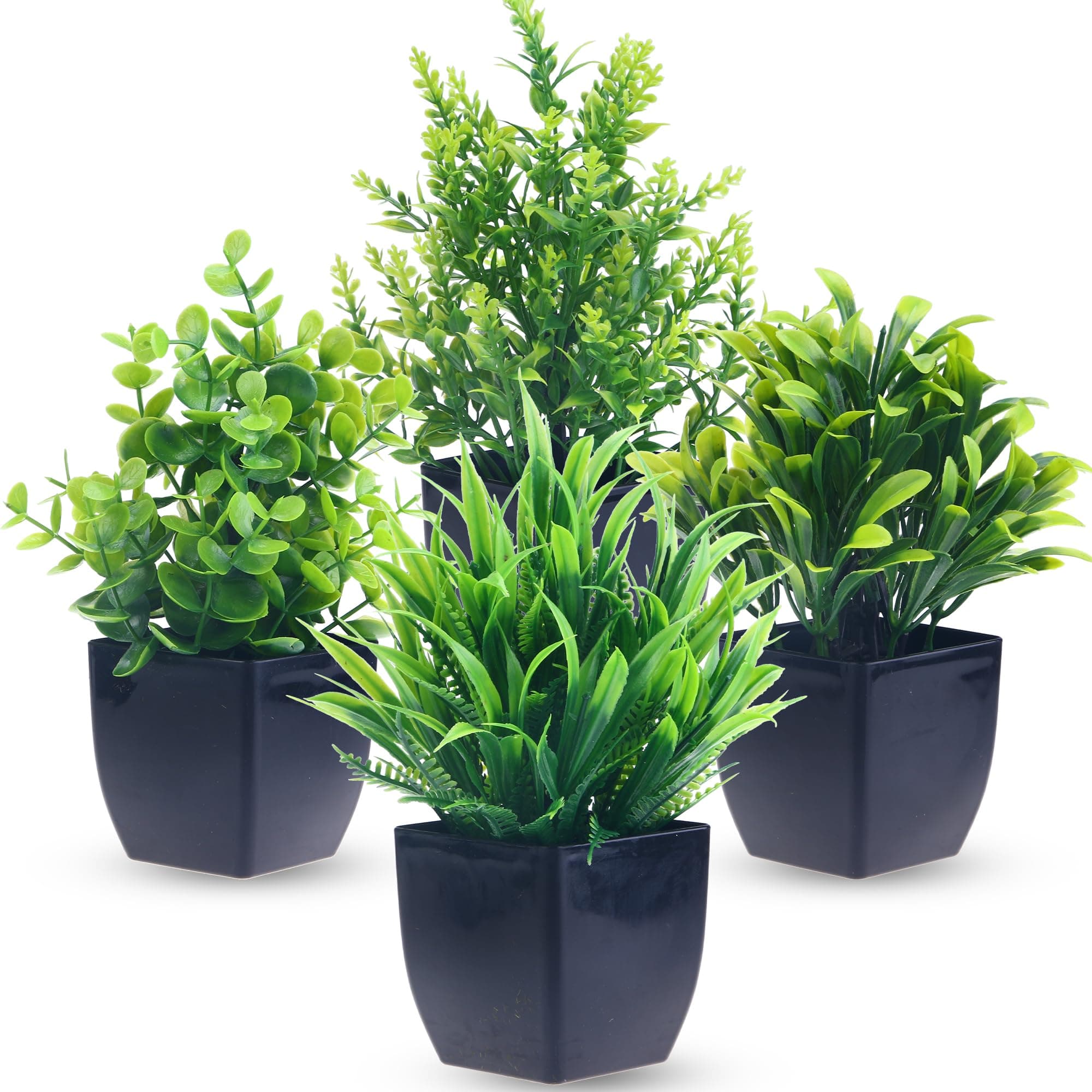 GREENTIME 4 Pack Fake Plants in Black Pot Mini Artificial Eucalyptus Potted Plant Small Faux Grass Greenery Potted for Indoor Home Office Farmhouse Bathroom Table Decoration