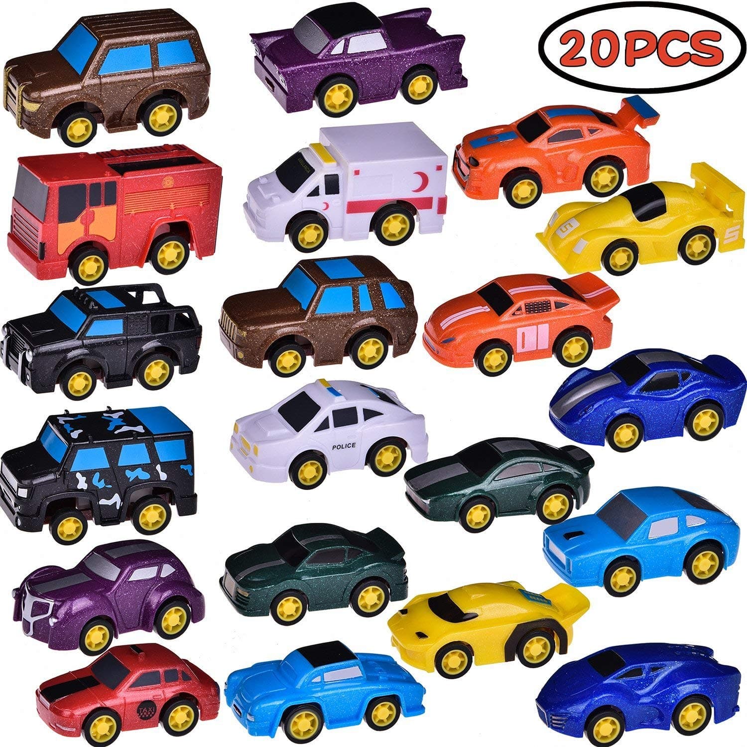 FUN LITTLE TOYS 20 Assorted Pull Back Vehicles, Toy Cars Playset, Construction Car Raced Trucks Kid Toddlers Gift, Diecast Vehicle Play Set, Party Favors