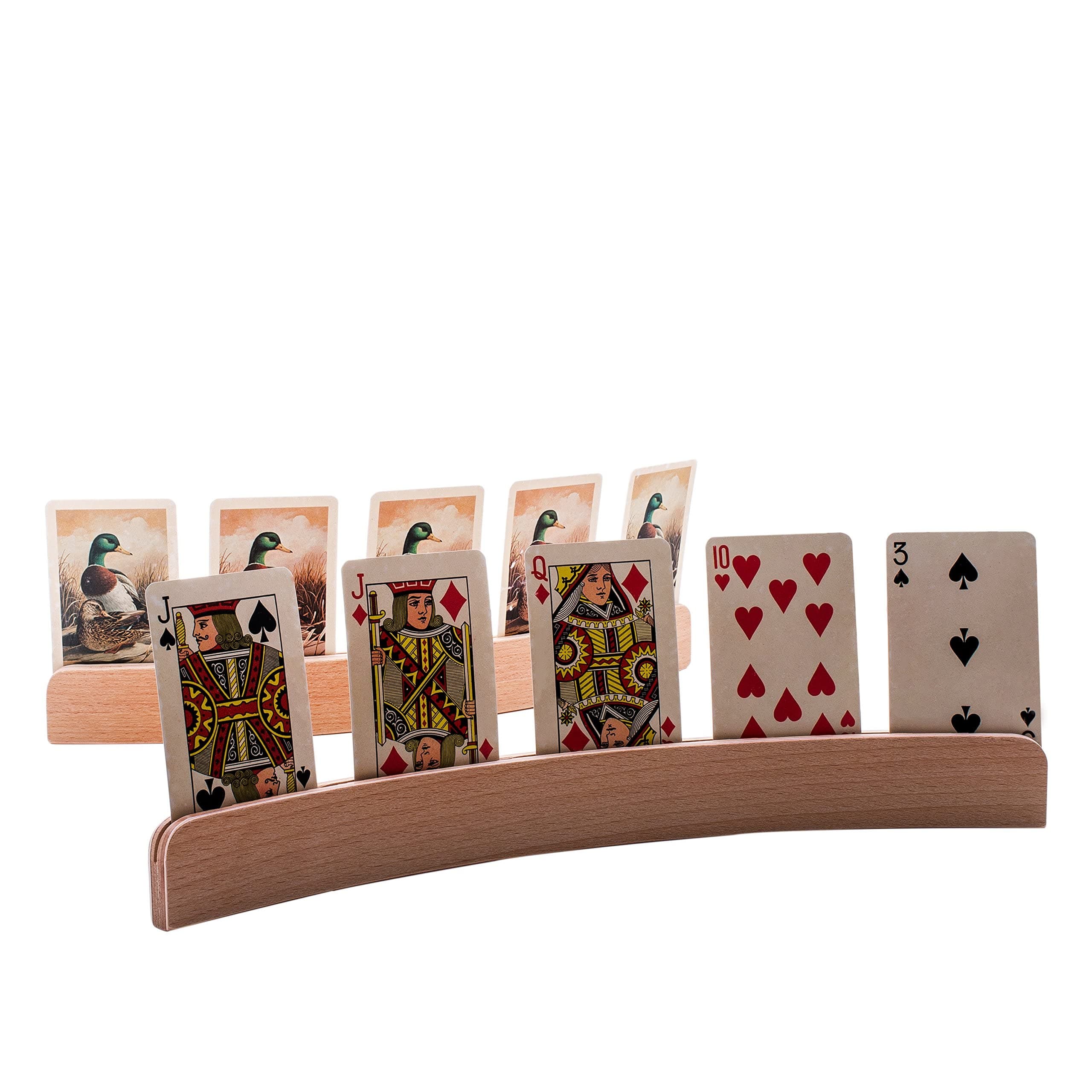 GrowUpSmart Playing Card Holder (Set of 4) 4 x 14 Premium wooden holders [Elegant, Curved Design, Natural Wood Finish, Table top Free Standing] Handsfree Card Playing for Kids, Adults, Seniors