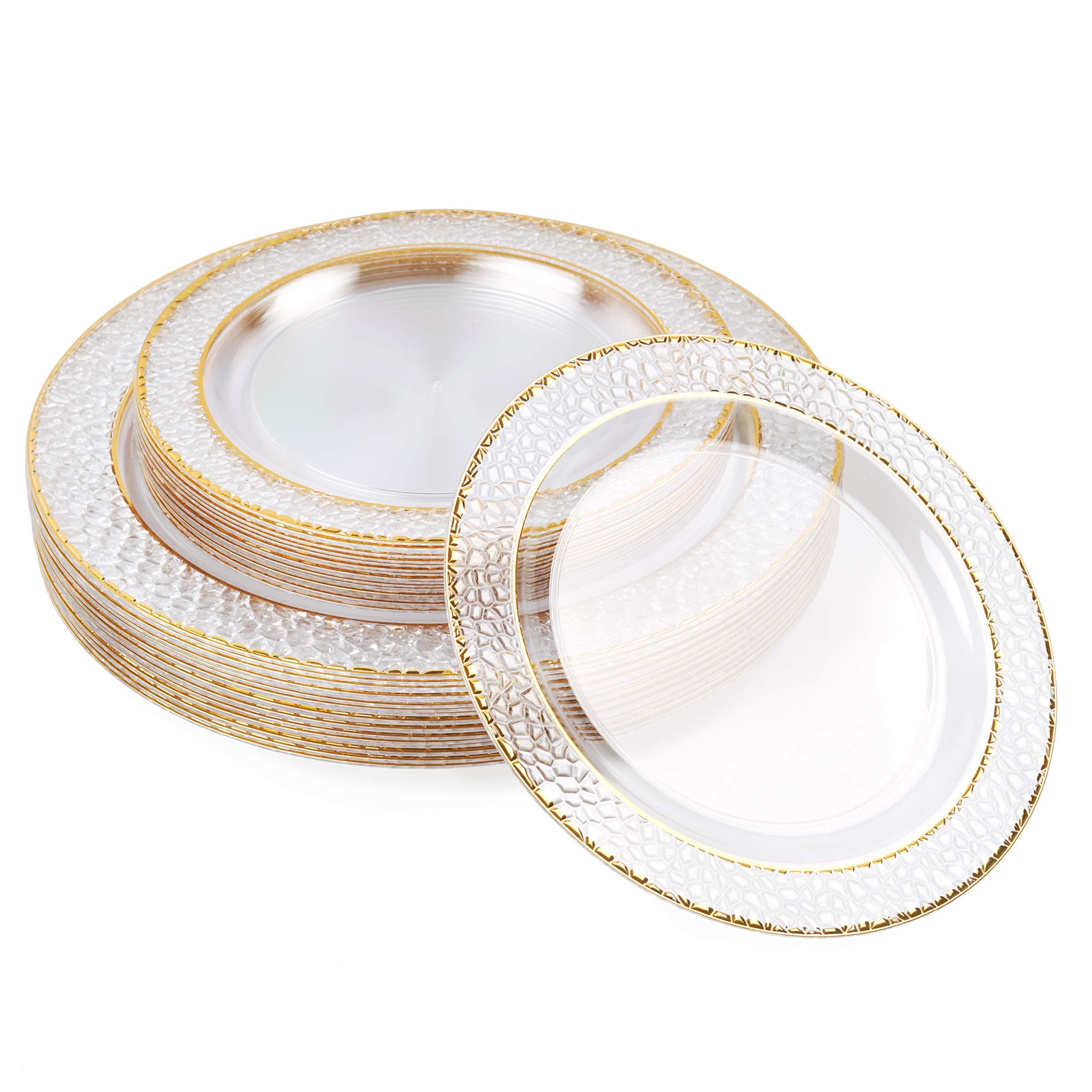 MATANA 40 Pack Clear Gold Plastic Plates – 20 Dinner Plates 10in + 20 Dessert Dinnerware 7.5in – Reusable Plastic Party Plate, Elegant Disposable Plate for Weddings, Events, Birthdays, Catering & More