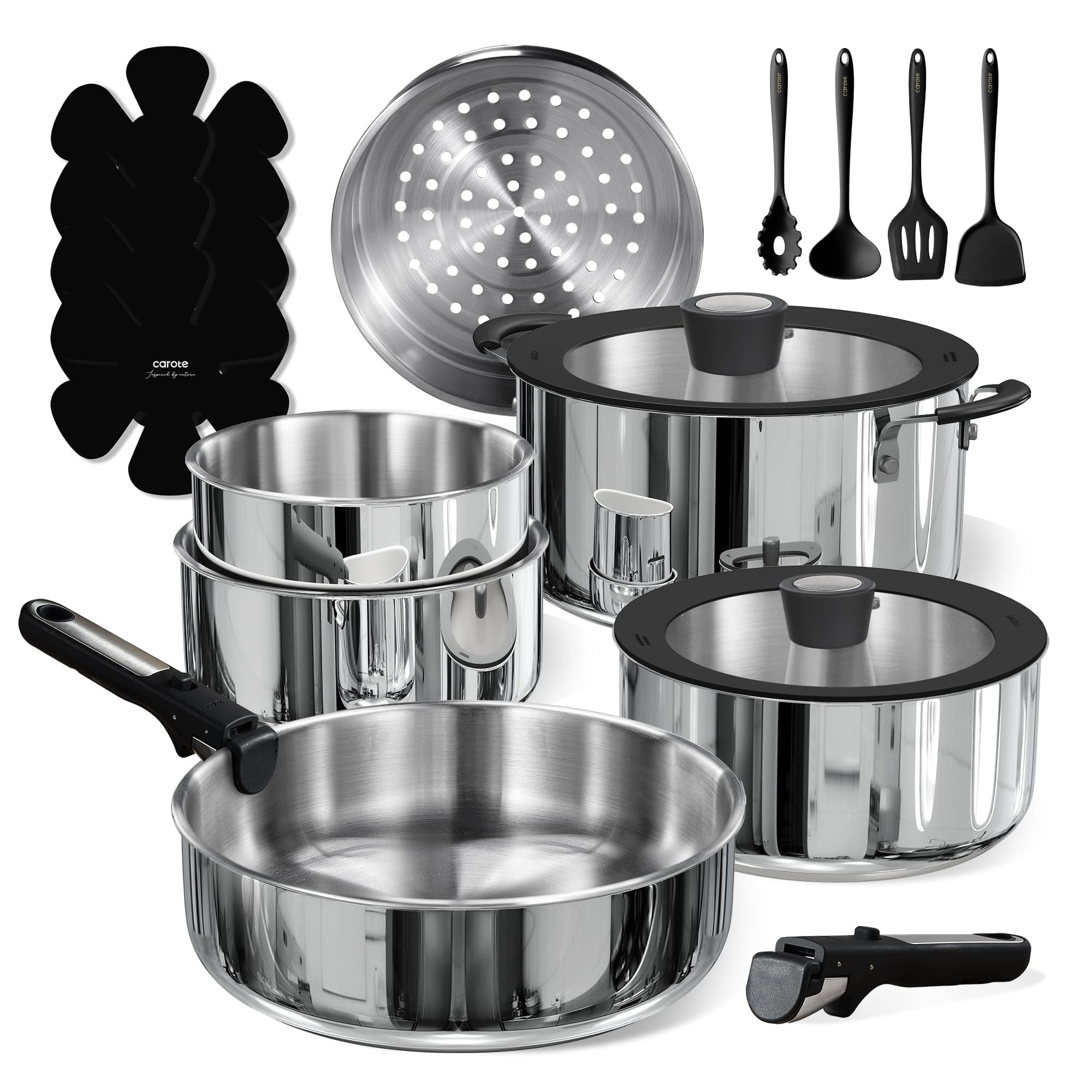 CAROTE 18pcs Stainless Steel Cookware Set with Detachable Handle, Nonstick Pots and Pans Set, Induction Kitchen Cookware Sets with Removable Handle, RV Cookware Set, Oven Safe, Camping Cookware, Black